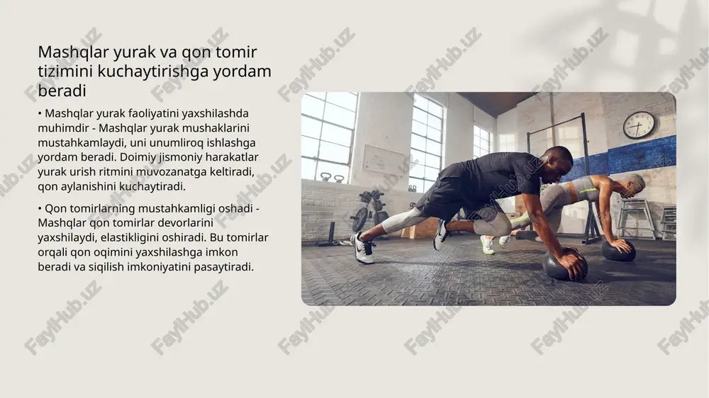 n oqimini kuchaytiradi, bu o‘z navbatida kislorodning to‘qimalar va muskullarga oson yetkazilishini ta'minlaydi. • muskullar va kislorod ehtiyoji - mashqlar vaqtida muskullar ko‘proq kislorodga muhtoj bo‘ladi, bu esa nafas olish tizimini faoliyatini kuchaytiradi va tanadagi umumiy kislorod miqdorini oshiradi. mashqlar moslashuvchanlikni va harakat diapazonini oshiradi • moslashuvchanlikning ahamiyati - tanani moslashuvchan saqlash suyaklar va mushaklar holatini yaxshilaydi, shuningdek, shikastlanish xavfini kamaytirishga yordam beradi. • harakat diapazoni nimani anglatadi - harakat diapazoni mushaklar va bo'g'inlarning erkin va to'liq harakatlanish qobiliyatini bildiradi, bu to'g'ri mashqlar yordamida rivojlantiriladi. • muntazam mashqlar foydasi - stretching mashqlari mushaklarni cho‘zadi va bo‘g‘inlarni elastik qiladi, bu esa qulayroq harakatlanishga imkon yaratadi. • sog‘lom harakatlanish uchun mashqlar - yoga va pilates mashg‘ulotlari moslashuvchanlikni oshirishda samarali, ular tanani sog‘lom harakatlar qilishga o‘rgatadi. jismoniy mashqlar sog'lom turmush tarzini qo'llab-quvvatlaydi • mashqlar jismoniy sog'likni mustahkamlaydi - jismoniy mashqlar tanani rivojlantirishga yordam beradi, mushaklarni mustahkamlaydi va yurak qon-tomir tizimi tizimini yaxshilaydi. harakat …