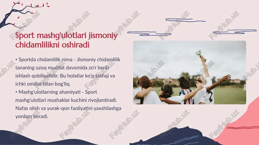 erishish qobiliyatini orttiradi. jismoniy tarbiya o'z-o'zini boshqarishni o'rgatadi • jismoniy mashg'ulotlarning foydasi - jismoniy mashg'ulotlar tananing qon aylanishini faollashtiradi, hujayralarga ko'proq kislorod yetkaziladi, bu esa energiya darajasini oshirishga yordam beradi. mashg'ulotlar bazaviy sog'liqni mustahkamlaydi. • mashg'ulotlarda endorfin ishlab chiqarish - mashg'ulot davomida tanada endorfin moddasi ishlab chiqariladi, bu esa kayfiyatni yaxshilab, energiya darajasini oshiradi. bu tabiatiy stressni kamaytirish usulidir. • uyqu sifatiga ta'sir - mashg'ulotlar sifatli uyquni ta'minlashga yordam beradi, tun davomida yetarli dam olish natijasida kundalik energiya ortadi. samarali uyqu faoliyatni kuchaytiradi. • kognitiv faoliyatni yaxshilash - doimiy mashg'ulotlar miya faoliyatini kuchaytirib, e'tiborni oshiradi, bu esa energiyani va produktivlikni saqlashga yordam beradi. jismoniy faoliyat fikrlash quvvatini oshiradi. mashg'ulotlar energiyani oshirishga yordam beradi • sog‘lom hayot uchun jismoniy tarbiya - jismoniy mashqlar tanani chiniqtiradi, immunitetni oshiradi. bu kasalliklarning oldini olishda muhim o‘rin tutadi, ayniqsa yurak va o‘pka salomatligini saqlashda. • surunkali kasalliklarga qarshi choralar - jismoniy faollik qandli diabet, arteriyalarning …