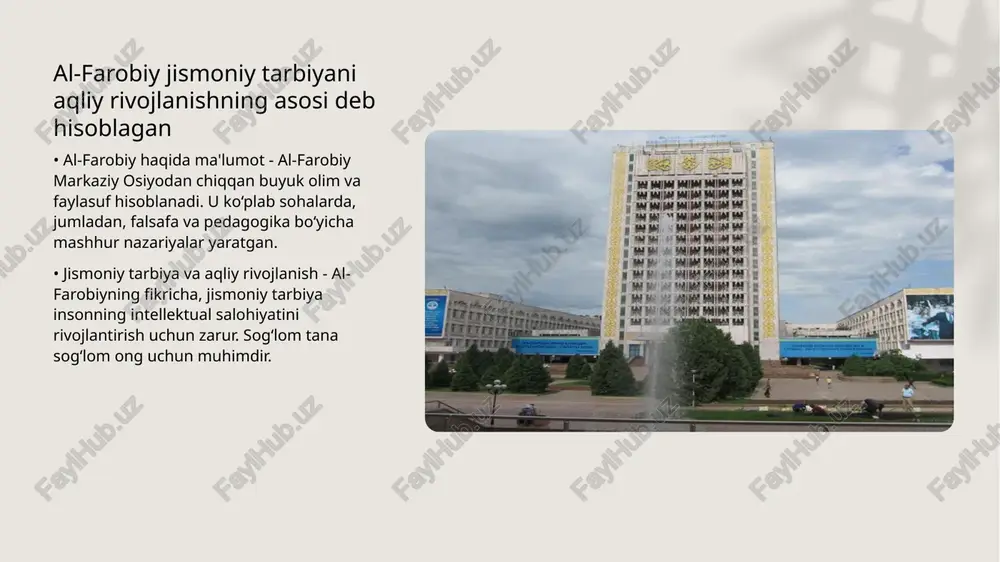 a ijobiy taʼsir - jismoniy tarbiya stressni kamaytiradi, kayfiyatni yaxshilaydi, irodani kuchaytiradi, sog‘lom turmush tarzini targ‘ib qiladi, psixologik holatni me'yorga soladi. • salomatlikni mustahkamlash - mashq qilish immunitet tizimini yaxshilaydi, kasalliklardan himoya qiladi, jismoniy shaklni saqlab qolishga hissa qo‘shadi va uzoq umr ko‘rishga yordam beradi. • tarbiya maqsadlari - jismoniy tarbiya nafaqat kasalliklarni oldini olishga, balki jamoaviy faollikni oshirishga, o‘zini anglash tuyg‘usini tarbiyalashga va barqaror ruhiy holatni shakllantirishga qaratilgan. ibn rushd jismoniy mashqlarni sog‘lom fikrlash uchun muhim deb hisoblagan • ibn rushdning sog‘lom fikrlashga yondashuvi - ibn rushd sog‘lom fikrlashga erishish uchun tananing kuchli va faol bo‘lishi zarurligiga e’tibor qaratgan, u jismoniy mashqlar bilan ruhiy salomatlikni bog‘lagan. • mashqlar va fikrlash o‘rtasidagi aloqadorlik - uning fikricha, tananing chiniqishi nafaqat jismoniy salomatlik, balki fikrlash qobiliyatini kuchaytiradi, odam o‘z harakatlari natijasini yaxshiroq tushunadi. sharq mutafakkirlari sog‘lom turmush tarzini targ‘ib qilishgan • sog‘lom ovqatlanishning ahamiyati - sharq mutafakkirlari inson salomatligi uchun muvozanatli ovqatlanish …