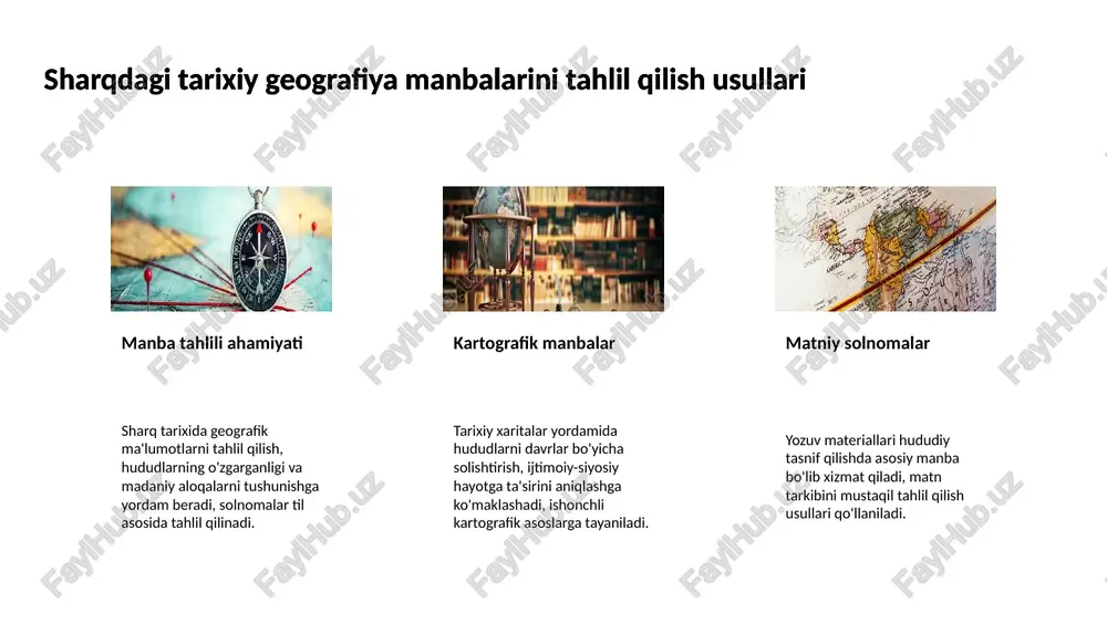 gan misollar orqali bu qonuniyatlar o'rganiladi. sharq tarixiy geografiyasida siyosiy omillarni tadqiq qilish tadqiqotlar ahamiyati siyosiy hodisalarni o'rganish regional rivojlanish va madaniyat tarqalishini anglashni kuchaytiradi. bu natijalar tarixiy tafakkurning muhim qismidir. 8 sharq tarixiy geografiyasida tabiiy resurslarning ahamiyati tabiiy resurslar va insonlar hayoti sharqda tabiiy resurslar, ayniqsa suv va yer, aholi yashashi va jamiyatlarning shakllanishida muhim rol o‘ynagan. bu resurslar sharqiy hududlarda dehqonchilik va savdo rivojlanishini ta'minlagan. sharq tarixiy geografiyasida tabiiy resurslarning ahamiyati sharqdagi savdo yo‘llari tabiiy resurslar, masalan, ipak va ziravorlar, qadimda sharq mintaqasida xalqaro savdo yo‘llarini shakllanishiga asos bo‘lgan. bu yo‘llar mintaqalararo madaniy aloqalarni rivojlantirgan. sharq tarixiy geografiyasida tabiiy resurslarning ahamiyati tabiiy resurslar va iqtisodiy tizimlar sharq tarixida tog‘-kon sanoati va chorvachilik kabi iqtisodiy faoliyatlar tabiiy resurslarga bevosita bog‘liq bo‘lgan. bu faoliyatlar mintaqaning iqtisodiy balansi va barqarorligini oshirgan. sharq tarixiy geografiyasida tabiiy resurslarning ahamiyati tabiatni saqlashning ahamiyati sharq mintaqalarida tabiiy resurslardan foydalanishni muvozanatlashgan tizimlar orqali saqlash muhim bo‘lgan. …
