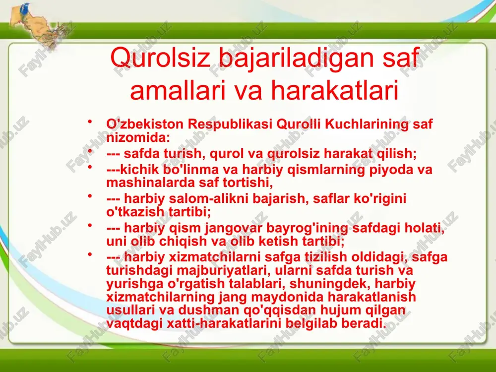hollarda komanda berilmagan taqdirda ham qad rostlab turiladi: ---buyruq berilgan va olinganda, --- bildiruv berilganda, ---o'zbekiston respublikasining davlat madhiyasi yangraganda, ---harbiy salom-alik qilinganda. «erkin» komandasi berilganda o'zini erkin qo'yib, o'ng yoki chap tizzasini xiyol bukib, joyidan qimirlamasdan, xotirani jam qilib va gaplashmasdan turiladi. «to'g'rilansin» komandasi berilganda, safdagi joyidan jilmasdan qurol, kiyim-kechak va anjomlar to'g'rilanadi, zarur hollarda safdan chiqiladi, ruxsat uchun bevosita boshliqqa murojaat qilinadi. «to'g'rilansin» komandasi oldidan «erkin» komandasi beriladi. «erkin» komandasi bosh kiyimni yechish yoki kiyish uchun — «bosh kiyimlar yechilsin» buyrug’idan so’ng chap qo’l bilan bosh kiyim yechiladi, kiyish uchun esa «bosh kiyimlar kiyilsin» komandasi beriladi. zarur hol­larda bir o'zi bo'lgan harbiy xizmatchi bosh kiyimini komandasiz yechib kiyadi. harbiycha salomlashish tartibi harbiycha salomlashish harbiy xizmatchilar birodarlarcha jipsligining ifodasi, o'zaro hurmat va mushtarak madaniyati namoyon bo'lishi sanaladi. barcha harbiy xizmatchilar bir-biriga duch kelganda (yetib, o'tib ketganda) o'zbekiston respublikasi qurolli kuchlarining “saf nizomi” bilan belgilangan qoidalarga qat'iy rioya qilgan holda …