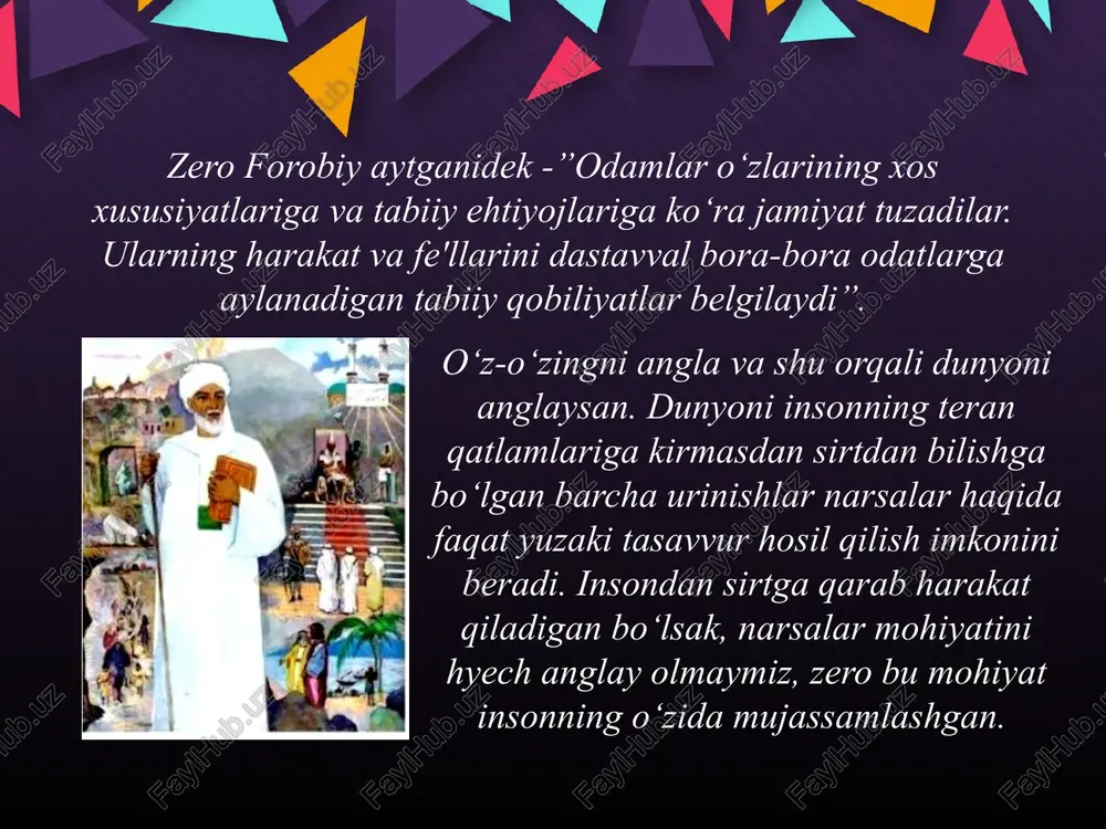 iy qarashlarni aks ettiradi. falsafiy antropologiya xx asrning 20-yillarida asosan m.sheler, a.gelen, x.plesner asarlari ta'sirida uzil-kesil vujudga keldi. xususan, m.shelerning «insonning kosmosdagi o‘rni» asarida inson haqida fundamental fan yaratish lozimligi qayd etiladi va uni falsafiy bilish dasturi taklif qilinadi. adabiyotlar: romanenko y.m. bitiye i yestestvo: ontologiya i metafizika kak tipi filosofskogo znaniy. – m., 2003. 784 s. falsafa asoslari. nazarov q tahriri ostida. –t.: sharq, 2005 shermuxamedova n.a. gnoseologiy. –t.o‘fmj. 2007 g‘arb falsafasi. nazarov q tahriri ostida. –t.: sharq, 2005. nazarov q.n. bilish falsafasi. –t.: universitet, 2005. falsafa. ahmedova m. tahriri ostida –t.: ofmj, 2006 image1.jpeg image2.jpeg image5.jpeg image6.png image7.jpeg image8.jpeg image9.jpeg image10.jpeg image11.jpeg image12.jpeg image13.jpeg image14.jpeg image15.jpeg image3.jpeg image4.jpeg /docprops/thumbnail.jpeg