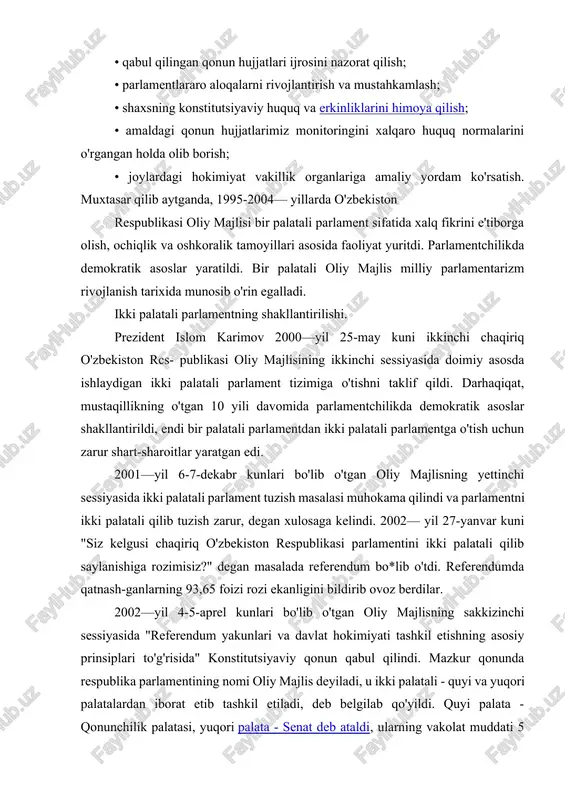 a respublika parlamentining nomi oliy majlis deyiladi, u ikki palatali - quyi va yuqori palatalardan iborat etib tashkil etiladi, deb belgilab qo'yildi. quyi palata - qonunchilik palatasi, yuqori palata - senat deb ataldi, ularning vakolat muddati 5 yil deb belgilangan. ikki palatali parlament tuzishning huquqiy asoslarini belgilab beruvchi yangi qonun loyihalarini tayyorlsh ishiga kirishildi. 2002—yil dekabrda bo'lib o'tgan ikkinchi chaqiriq o'zbekiston respublikasi oliy majlisining o'ninchi sessiyasida "o'zbekiston res-publikasining qonunchilik palatasi to'g'risida", "o'zbekiston respub-likasining senati to'g'risida" konstitutsiyaviy qonunlar qabul qilindi. qonunchilik palatasi 120 nafar deputatdan, senat 100 nafar sena-tordan iborat etib shakllantiriladi. bu o'zgarishlar 2003—yil aprelda o'zbekiston respublikasining konstitutsiyasiga kiritilgan o'zgarti-rishlarda ham o'z ifodasini topdi. 2003—yil 29-avgustda "o'zbekiston . respublikasi oliy majlisiga saylovlar to'g'risida"gi qonunga o'zgar-tirish va qo'shimchalar kiritib, mazkur qonun yangi tahrirda qabul qilindi. shu tariqa ikki palatali professional parlamentni shakllan-tirishning konstitutsiyaviy-huquqiy asoslari yaratildi. 2004—yil dekabr - 2005—yil yanvar oylarida mamlakatimizda yak bor ikki palatali parlamentga saylovlar bo'lib o'tdi. qonunchilik …