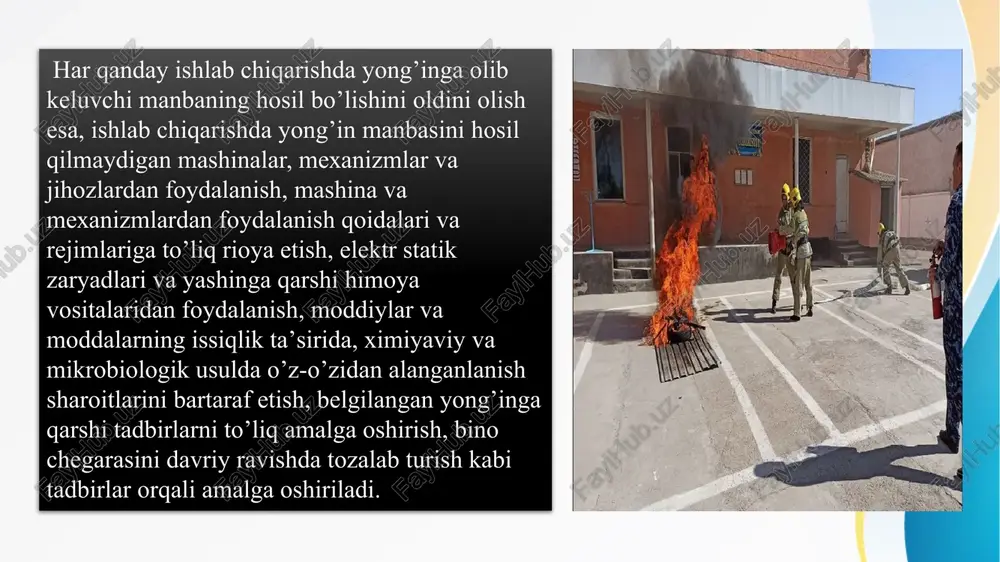 xnikalarni qarovdan o’tkazadi. qarov vaqtida texnikaning sozligi va har bir kombaynni ikkita o’t o’chirgich bilan, 2 2 m o’lchamdagi kigiz, ikkita shvabra va ikkita belkurak bilan, traktorni o’t o’chirgich va belkurak bilan, avtomobillarni o’t o’chirgichlar va bel kuraklar bilan ta’minlanganligi tekshiriladi. galla maydonida yong’in chiqqanda keng maydon bo’ylab tarqalishini oldini olish maqsadida galla maydoni 50 ga dan ortiq bo’lmagan uchastkalarga bo’linib atroflaridan 8 m kenglikda galla o’rib olinadi va gallasi o’rilgan joy 4 m kenglikda shudgorlab chiqiladi. g’alla maydonini temir yo’lga, o’rmonga, yo’llarga, yaqin uchastkalari esa 2 m kenglikda shudgor qilinadi. yong’in xavfli zonalar - bu binoning yoki ochiq maydonning yonuvchi moddalar saqlanadigan qismidir. ular 4 sinfga bo’linadi, ya’ni p-i, p-ii, p-iia va p- iii. p-i sinfdagi zonaga gaz va bug’larning 61 0c dan yuqori haroratda portlash ehtimoli bor suyuqlikar saqlanadigan binolar kiradi. p-ii sinfdagi zonalarga - yonishga moyil chang va gazlar ajralib chiqadigan ishlab chiqarish binolari kiradi; p-iia sinfidagi …