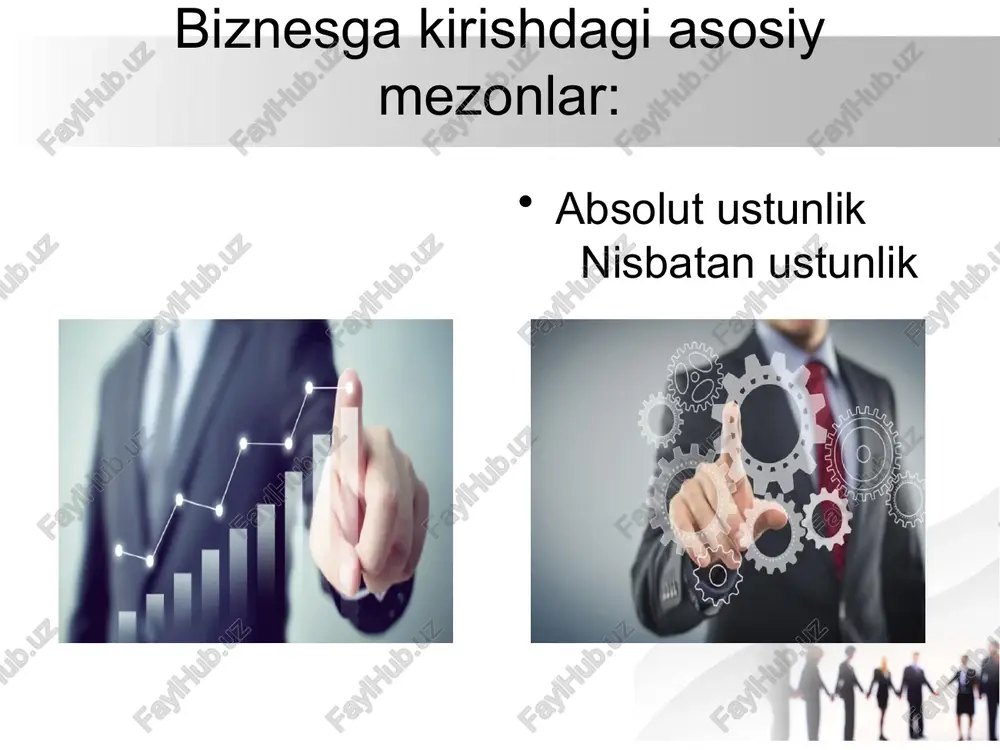 : *biznes uchun ishlab chiqariluvchi mahsulotlar yoki xizmatlar; *oddiy iste'molchi uchun ishlab chiqariluvchi mahsulotlar yoki xizmatlar. tashqi omillar. tashqi omillar - bu korxona tashqarisidagi muhit. odatda korxonalar tashqi atrof-muhit bilan yaqin hamkorlikda rivojlanadi. aynan shu tashqi omillar korxona qanday mahsulot ishlab chiqarishi yoki qanday turdagi xizmatlar ko'rsatishi kerakligini aniqlaydi. quyida asosiy tashqi omillar keltirilgan: 1. hukumatning istisodiy yo‘nalishi; 2. mamlakatdagi ayni davrdagi iqtisodiy holat; 3. dunyodagi inqirozli holatlar. foyda olish modellari. biznes pulsiz juda yomon ishlaydi. bekorga pul - iqtisodiyotning qoni deb aytishmagan. biznesdan foyda olish modellarini tushunish uchun ularni bir nechtasini o'rganish kerak bo'ladi. 1. siz uchun biznes nima? 2. qanday biznes turini bilasiz (yoki shug’illangansiz)? 3. biznes bilan shug’illanish uchun qancha mablag’ kerak deb o’ylaysiz? 4. shaxsiy biznes boshlashda nimalarga katta e’tibor berish kerak? 5. o‘zbekiston bozorida qanday biznes muvaffaqqiyat keltiradi deb o’ylaysiz? savollar e’tiboringiz uchun rahmat! image1.jpeg image2.png image3.png image4.png image5.png image6.png /docprops/thumbnail.jpeg