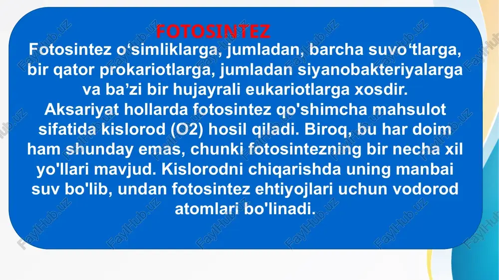 t yorug'lik, karbonat angidrid va suvdan foydalangan holda mustaqil ravishda yaratishga qodir organizmlardir. shuning uchun ular oziq-ovqat zanjirida ishlab chiqaruvchilardir. hayvonlar, o'simliklardan farqli o'laroq, o'z hujayralarida fotosintez qila olmaydi.odir organizmlardir. shuning uchun ular oziq-ovqat zanjirida ishlab chiqaruvchilardir. hayvonlar, o'simliklardan farqli o'laroq, o'z hujayralarida fotosintez qila olmaydi. xulosa xulosa o’rnida shuni aytishimiz mumkinki,tabiatdagi barcha fotosintez jarayonlari o’simliklar olami uchun juda muhim.footosintez natijasida ro’y beradigan yorug’lik va qorong’ulik jarayonlari yorug’lik energiyasi va fotosintetik fosforillanish jarayonlari natijasida o’simliklarda kechadigan footokimyoviy reaksiyalar amalga oshishiga guvoh bo’lishimiz mumkin ekan image3.gif image4.png image5.png image6.png image7.png image8.png image9.png image10.png image11.png image12.png image13.png image14.png image15.png image2.jpeg /docprops/thumbnail.jpeg