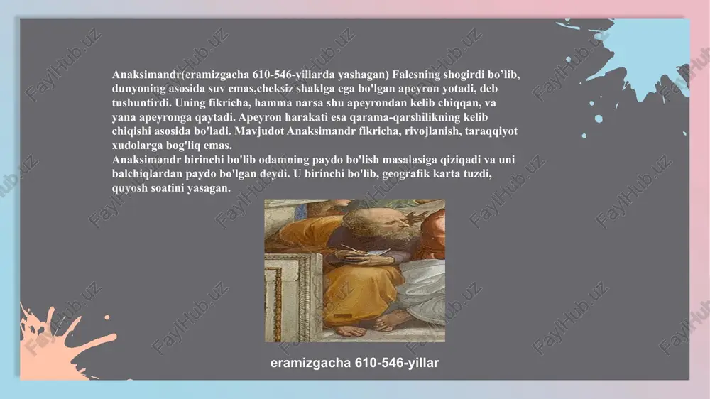 lsafa borliq to'g'risidagi fan, matematika va fizika borliqning ba'zi xususiyatlari to'g'risidagi fandir. aristotel platonning davlat nazariyasini tanqid qildi va quldorlik tuzumini tan oldi. u falsafa fanini amaliy faoliyatdan ajratib oldi, ya'ni bilim moddiy manfaatdan yiroq bo'lsa, ilmiyroq bo'ladi, deydi.aristotel' obyektiv tabiatni bilishni, bilimning asosiy sharti deydi, lekin u izchil materializm pozitsiyasiga o'ta olmadi. materiya aristotelning fikricha, passiv imkoniyat, shakl faol o'zgarish manbaidir. materiya bilan harakat o'rtasidagi bog'lanishni ko'rsatib, harakat, o'zgarishning manbai ekanligini aytsa-da, lekin harakat, buyumlarning ichki ziddiyatlarida ekanligini ko'ra olmadi. eramizgacha 384-322-yillar g‘arbda ham, sharqda ham faylasuflar narsalar va hodisalarni o‘rganish, tahlil qilish, tushuntirishning o‘z metodlarini yaratganlar. yangi davr tadqiqotchilari, gegeldan boshlab, ikki asosiy falsafiy metod – dialektik va metafizik metodlarni ilgari surganlar. qadimgi dunyo falsafasi rivojlangan sharoitda bu metodlar faylasuflar tomonidan ongli ravishda idrok etilmagan. ular stixiyali, aniqroq aytganda, falsafiy ta’limotlar, tizimlar va qarashlarga ichdan xos bo‘lgan metodlar sifatida amal qilgan. faylasuflar, odatda, hodisalarning umumiy o‘zaro aloqasini, ularning …