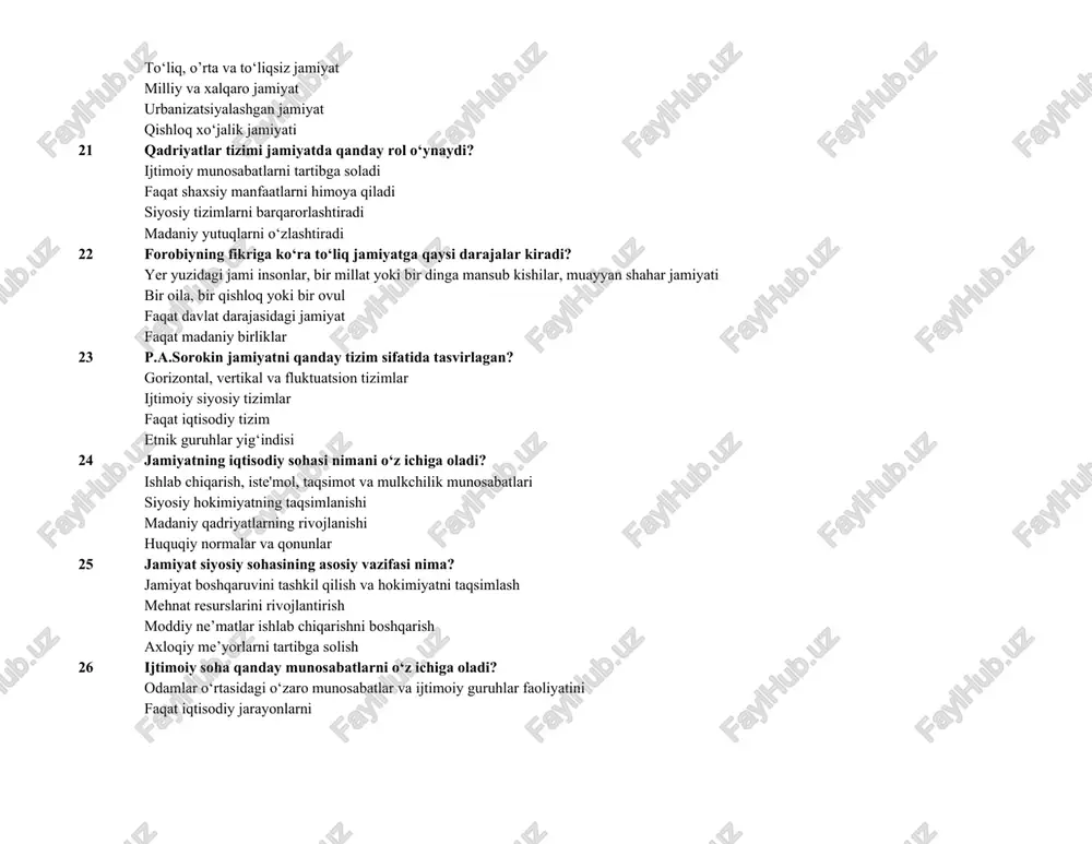 iyatni rivojlantirish ijtimoiy tenglikni ta’minlash 33 jamiyat bu….? odamlar o‘rtasidagi o‘zaro munosabatlarning ijtimoiy tizimi iqtisodiy tizimlarning majmui faqat siyosiy hokimiyat shakli tabiiy omillar yig‘indisi 34 jamiyatni o'rganishga oid yondashuvlar kelrtirilgan to‘g‘ri javobni belgilang. formasion va sivilizasion yondashuvlarda faqat iqtisodiy va biologik yondashuvlarda diniy va tabiiy yondashuvlarda tarixiy va geografik tahlil asosida 35 gnoseologiya nima? bilish haqidagi ta'limot matematik nazariya falsafiy metod eksperimental o‘rganish 36 epistemologiyaning asosiy o‘rganish ob’yekti nima? haqiqiy ilmiy bilimlarning mazmuni axloqiy qoidalar san'at nazariyasi iqtisodiy jarayonlar 37 gnoseologiyada “optimistlar” fikri qanday izohlanadi? dunyoni bilish mumkin dunyoni bilish mumkin emas dunyoni bilish shubhali dunyoni bilishda imkoniyat mavjud emas 38 empirizm vakillari ko‘rsatilgan to‘g‘ri javobni belgilang? f.bekon, j.lokk, t.gobbs i.kant, g.gegel a.avgustin, platon dekart, spinoza 39 ratsionalizmga ko‘ra inson bilimining manbasi nima? aql tajriba tasodif ijtimoiy sharoit 40 david yumning bilish haqidagi yondashuvi qanday nomlanadi? skeptitsizm agnostitsizm optimizm materializm 41 kantning “narsa o‘zida” konsepsiyasi nimani anglatadi? hissiyot va tafakkurga …