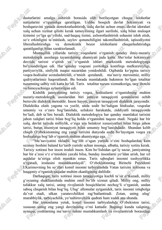 shi qaratilgan fitnalarining oldini olish bilan xarakterlanadi. mazkur yillarning alohida davr sifatida e’tirof etilishida o‘zbekistonning birinchi prezidenti i.karimovning “o‘zbekiston mustaqillikka erishish ostonasida” asaridagi xronologik yondashuv ham ushbu davrning konseptual asosi hisoblanadi. keyingi bosqich o‘z ichiga 1991 yildan to 2000 yilga qadar bo‘lgan davrni o‘z ichiga qamrab oladi. bu davrda milliy davlatchilik asoslari va ijtimoiy yo‘naltirilgan bozor iqtisodiyotini yuzaga keltirishga qaratilgan o‘tish davrining dastlabki islohotlar jarayoniga ilk qadamlar qo‘yildi. shu davrdan boshlab bir necha avlod davrida shakllanib kelgan va odamlar ongiga singib ketgan kommunistik mafkura aqidasidan voz kechilib, milliy istiqlol g‘oyasining asoslari shakllandi. buning ta’sirida hayotga demokratik qadriyatlarni mustahkamlash, mamlakatni jahon hamjamiyatiga integratsiyasiz tasavvur qila olmaydigan yangi avlod vakillari kirib kela boshladi. bu esa mamlakatda tub siyosiy, iqtisodiy, ma’naviy-ruhiy o‘zgarishlarni bosqichma-basqich o‘sib borishiga xizmat qildi. “shok terapiyasi” nomini olgan o‘tish modelidan mutlaqo farq qiluvchi “o‘zbek modeli”ning hayotga joriy etilishi natijasida, tarixan qisqa davr ichida eski, ma’muriy-buyruqbozlikga asoslangan sovet tizimi o‘rniga milliy …