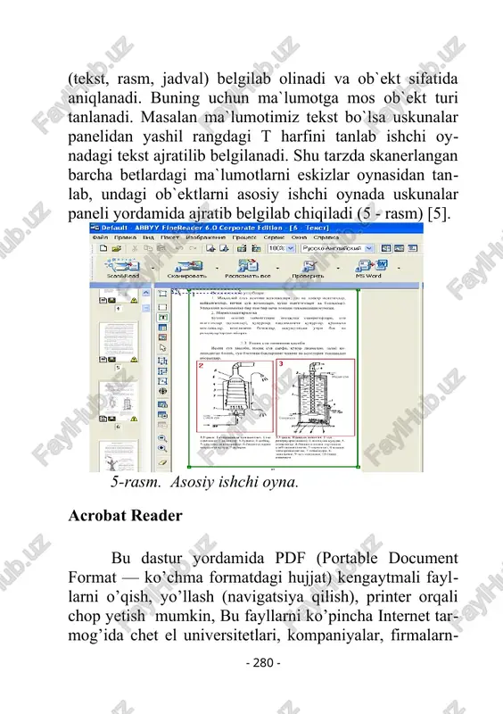 rga o’rnatish ham mumkin. pdf kengaytmali hujjatlarni chop yetish acrobat reader dasturida fayllarni ochgandan so’ng ctrlqp klavishlarini bosish orqali yoki file tavsiyanomasidagi print bo’limini tanlash orqali quyidagi darcha ekranga chiqariladi (18.27-rasm): 18.27-rasm. print darchasining kurinishi by darchada print qismida printerlar to’g’rilanadi. print range qismida barcha varaqlarni, faol varaqni, kerakli (masalan 100 varaqli hujjat bo’lsa, 3 varaqdan 10 varaqqacha chop yetish ) varaqlarni printer orqali chop yetish mumkin, copies qismida har bir varaqdan nechta nusxa olish mumkinligi ko’rsatiladi. ekranning pastki qismida esa oldin toq raqamli varaqlarni, co’ngra esa juft varaqlarni chop yetish mumkin. qo’shimcha ma’lumotlar olish acrobat reader dasturi haqida kerakli ma’lumotlarni dasturning nelp tavsiyanomasidagi reader guide bo’limidan olish mumkin. bu bo’lim tanlanganda adobe acrobat reader 4.0 guide ingliz tilidagi hujjati ekranga chiqadi. ekranning chap qismida esa mavzularning ro’yxati berilgan. kerakli mavzuni sichqoncha yordomida tanlab, foydalanish mumkin. 4 - 277 - _1047363756 _1047363758 _1047363760 _1047363761 _1047363759 _1047363757 _1047363755