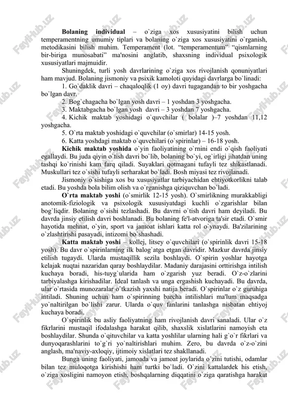 . falsafada shaxsni jamiyat bilan bog`liq bo`lgan ijtimoiy hayotdagi murakkab voqelik deb qaraladi. ular individning ma'naviy boyligi uning munosabatlariga bog`liq, deb hisoblaydilar. haqiqatdan ham, shaxs mehnat faoliyati zaminida rivojlanadi, kamolga etadi. inson sharoitni, sharoit esa odamni yaratadi. bu esa o`z navbatida inson faolligini namoyon etadi. zero, shaxs ma'lum ijtimoiy tuzum mahsulidir. jamiyat shaxs kamolotining muayyan imkoniyatlarini ro`yobga chiqarishi yoki yo`q qilishi mumkin. shaxsga ijtimoiy muhitning ta'siri ham muhim. bu tarbiya orqali amalga oshiriladi. ya'ni, birinchidan, tarbiya ta'sirida muhit bera olmagan bilim, ma'lumot egallanadi, mehnat va texnik faoliyat bilan bog`liq ko`nikma va malakalar hosil bo`ladi. ikkinchidan, tarbiya tufayli tug`ma kamchiliklar ham o`zgartirilib, shaxs kamolga etadi. uchinchidan, tarbiya yordamida muhitning salbiy ta'sirini ham yo`qotish mumkin. to`rtinchidan, tarbiya kelajakka qaratilgan maqsadni belgilaydi. demak, tarbiya bilan rivojlanish bir-biriga ta'sir etadi, bu tarbiya doimiy va uzluksizdir. shunday qilib, bola shaxsining rivojlanishida tarbiya ham etakchi o`ringa ega bo`lib, tarbiya tufayli nasl-nasabi, oila muhiti, ijtimoiy muhit ta'sirida …