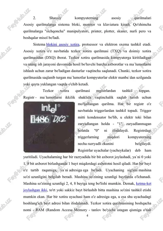 adi va gs bilan ifodalanadi. masalan, i8086 protsessori 10 mgs (sekundiga 10 million amal) tezlikka ega bo'lsa pentium protsessori uchun bu ko'rsatkich 850 mgsga teng. protsessorning razryadlari soni uning bir vaqtning o'zida baravariga ishlash mumkin bo'lgan bitlar miqdori bilan aniqlanadi. hozirgi kunda 8, 16, 32, 64, 128 razryadli prssessorlar keng qo'llanmoqda. protsessorning tezligini oshirish uchun hozirgi vaqtda kesh-xotira, turli matematik hamprotsessorlar kabi vositalardan foydalanish yo'lga qo'yilgan. komppyuter qurilmalari orasidagi axborot almashinuvi sistema magistrali - shinalar (elektr simlarining bog'lamlari) ko'magida amalga oshiriladi. shinadagi simlar kompyuterning hamma qurilmalariga parallel holda ulanadi. kompyuter ishi uchun uch xil shina xizmat ko'rsatadi: berilganlar (berilgan malumotlar) shinasi, adreslar shinasi, boshqarish shinasi. bog'lamdagi simlarning miqdori, shinaning razryadlari sonini belgilaydi. aniq protsessorga mos i80386, 16/32 yozuvi, ushbu protsessor 16 razryadli berilganlar shinasi va 32 razryadli adreslar shinasiga ega ekanligini, ya`ni bir vaqtning o'zida 16 bit axborot va 2^32= 4 gbayt hajmdagi adreslar (adreslar sohasi) bilan ishlash imkoniyatini mavjudligini …