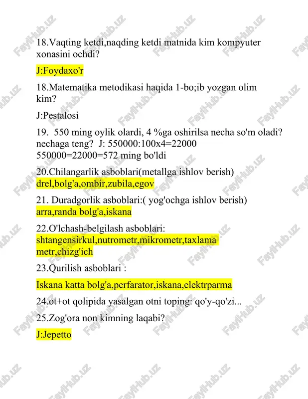 tushdi,qayta-qayta o'qinglar. 58.4 -sinf o'qishni oxiridagi lug'atdan ham ko'p savol tushdi. 59.ma'rifat gazetasidagi"kundaligimdagi"2" matnidan ham savol tushdi 60.tire va ikki nuqta bilan necha sinfda amaliy tanishtiriladi? j:1-sinfdan 61.morfologik tahlil nechanchi sinfdan o'tkaziladi? j:3-sinfdan 62.shtrix so'zining ma'nosi nima? j:chiziqcha,chiziq 63.ishchi yil oxirigacha matiz va 2600$ olishga korxona bilan kelishdi .lekin u 8oy ishlab ,matiz va 1000$ oldi.matizning narxini toping. yechish: ishchi oyligi- x so'm matiz- y so'm 12xx=y+1600 bir yilda 12 oy bor uchun 12ga ko'paytirdik x ni 8xx=y+1000 endi sistemalar sistemasi qilib ayirdik : (12ni pastidagi 8ni) 4xx=1600 x=400 endi x ning o'rniga 400ni qo'yamiz 8x400=y+1600 y=3200-1600 y=1600 demak,matiz narxi 1600$ ekan 64.ona tili o'qitish metodikasi qanday fan? j:pedagogik fan 65. "o'n tilla mukofot" muallifi kim? j:a.obidjon 66.2022 yil telefonning bir oylik to'lovi 53ming so'm bo'lgan.2023 -yilga kelib 4 foizga oshdi.endi telefon qancha bo'ldi: j:53000:100x4=530x4=2120 so'm oshdi. oldin 53ming edi,endi 2120 so'm oshdi: 53000+2120=55120 so'm bo'ldi. 67.kompas o'z o'rniga kelishi …