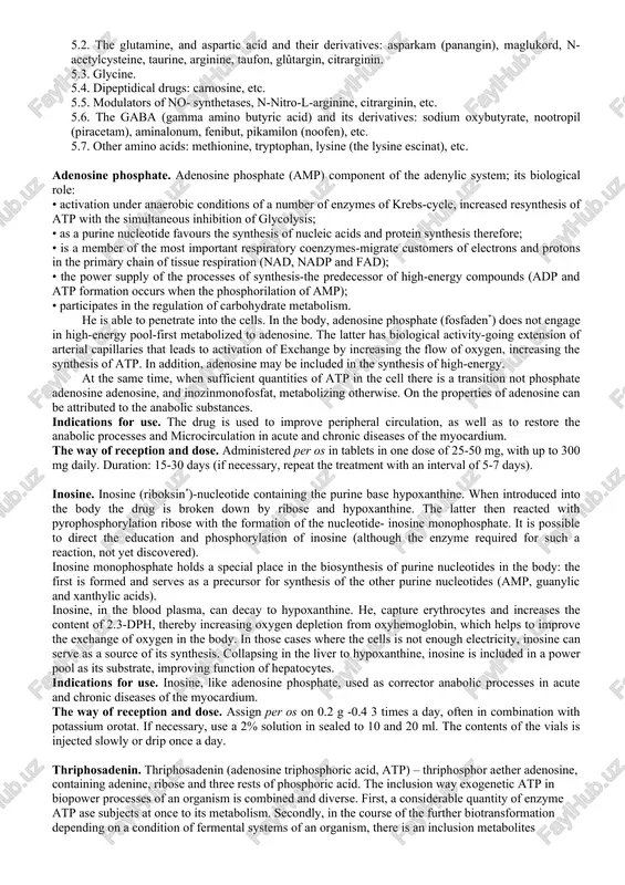 hould be noted, however, that the effectiveness of such drugs for various diseases of internal organs, particularly the heart, showed only small studies. therefore, their use is often referred to as curative with unproven effectiveness. to metabolic drugs for systemic use include biogenic stimulators: ginseng, pantokrin, eleuterokocca rhizome and roots, broken tree leaves, humisol*, royal jelly (apilak*), melatonin, etc. classification of metabolites by j.s. chekman and n.a. gorchakov 1. energy exchange substrates. 1.1. high-energy compound: atp, atp-long, adp, amp (fosfaden), guanozin, adenosine, inosine (riboksin), creatinephosphats (neoton) and others. 1.2. metabolites of glycolysis and pentose phosphate cycle: glyceraldehyde-3-phosphate, fructose-1, 6-diphosphate, hexose phosphate, phosphoenolpyruvate, etc. 1.3. the citric acid cycle substrates: succinic acid and derivatives (sodium succinate, potassium succinate, mexidol), malic acid and its derivatives (potassium malate, sodium malate), a-ketoglutaric acid, fumaric acid. 2. energy metabolism: coenzymes, nicotinamide, nicotinamide adenine dinucleotide, nicotinamide-adenine dinucleotide phosphate. 3. components of the respiratory chain: riboflavin, nicotinamide, …