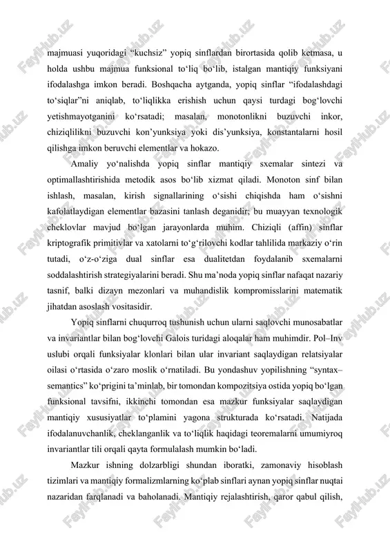 o‘plamga nisbatan bo‘lsa, ular teng kuchli hisoblanadi. shunday ekvivalentlik sintaktik ifoda shaklidan mustaqildir: ya’ni, formulasi ko‘rinishidan farq qilsa ham, ular har bir kiritma uchun bir xil qiymat beradi va shu sabab teng kuchlidir. teng kuchlilikni qat’iylashtiruvchi bir nechta bir-birini to‘ldiruvchi yondashuvlar mavjud. semantik yondashuvda asosiy mezon — to‘liq haqiqat jadvali bo‘yicha moslik: agar ikki funksiya jadval satrlarining barchasida bir xil qiymat bersa, ekvivalentlik darhol kelib chiqadi. algebraik yondashuvda funksiyalarni kanonik ko‘rinishlarga — kon’yunktiv yoki dis’yunktiv normal formaga, shuningdek, zhegalkin (algebraik normal) formaga keltirish orqali teng kuchlilik tekshiriladi; kanonik ko‘rinish yagona bo‘lgani sabab, ularning mosligi ekvivalentlikni kafolatlaydi. struktur yondashuv esa funksional transformatsiyalar — de morgan qonunlari, idempotentlik, kommutativlik va assotsiativlik, taqsimlanish, inkor va dualitet bo‘yicha o‘tkaziladigan o‘zgartirishlar — ostida qiymat saqlanishini asos qilib oladi. har uchala nuqtai nazar bir-birini mustahkamlaydi: semantik mezon zarur va yetarli shartni beradi, kanonik formalar amaliy tekshiruvni yengillashtiradi, struktur qonunlar esa ifodalarni tejamkor qayta yozish mexanizmini ta’minlaydi. …