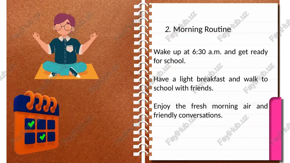 . i try to balance studying, relaxing, and spending time with friends. time routine 14:00 lunch 15:00 coffee 16:00 relax 17:00 sport & stretch 18:00 bath 19:00 skin care time routine 8:00 meditate 9:00 yoga 10:00 planning 11:00 work 12:00 conference 13:00 meeting plan: 1. introduction 3.university lessons 2. morning routine 4. afternoon classes 5. after university 6. reflection 7. conclusion 7. conclusion my student life is full of study, friendship, and fun. i believe every day brings me closer to my future goals. 6. reflection every day teaches me something new. i’m learning discipline, teamwork, and time management. being a student is not always easy, but it’s very rewarding. 5. after university went home and had lunch. took a short nap to refresh my mind. did homework and reviewed lessons. helped my parents with small household chores. 4. afternoon classes science and computer studies in the afternoon. learned how …