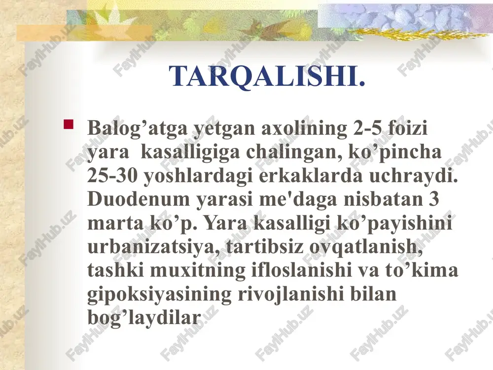 1, b2, b6, b12, b15, c, a vitaminlar. shilliq pardani ximoyalovchilar sukralfat - alyuminiyning organik tuzi vismutning kolloidli subcitrati a) metacin b) platifillin c) sulpirin (egnolin) d) gastrostecepin e) gastrobamat antibakterial terapiya. (a) denol. (b) metronidazol. (v) amoksicillin. (g) trixopol. profilaktikasi. (a) asab taranglanishini yo’qotish. (b) tamaki chekishlikni cheklash. (c) alkogol ichishlikni to’xtatish. (d) uyda va ishda gigiena normalarini saqlash. image3.png image4.jpeg image5.jpeg image6.jpeg image7.jpeg image8.png image1.jpeg image2.png /docprops/thumbnail.jpeg