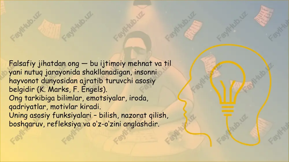 jarayoni anglangan fikr, idrok, iroda. talaba ma’ruzada qayd yozadi. savol berishingiz, hozirgi mulohazalaringiz. ong osti xotira va hissiyotlar orqali ta’sir qiluvchi jarayon. avtomatlashgan ko‘nikmalar, intuitsiya. ongda emas, lekin ozgina urinib esga olish mumkin bo‘lgan ma’lumotlar. velosiped haydash. do‘stingiz telefon raqamini eslash. ongsizlik chuqur ruhiy jarayonlar yig‘indisi. repressiya qilingan xotira, tushlar. anglanmagan, repressiya qilingan istaklar, qo‘rquvlar va bolalik tajribalari. tushda bolalik voqeasi namoyon bo‘lishi. asossiz qo‘rquvlar, tushlar, lapsuslar. repressiya (psixologiyada) repressiya - z.freyd nazariyasidagi asosiy himoya mexanizmlaridan biri. anglanishga qiyin, noqulay, og‘riqli fikr, his- tuyg‘u yoki xotirani ongdan chiqarib, ongsizlikka siqib chiqarish jarayoni anglanishga qiyin, noqulay, og‘riqli fikr, his- tuyg‘u yoki xotirani ongdan chiqarib, ongsizlikka siqib chiqarish jarayoni anglanishga qiyin, noqulay, og‘riqli fikr, his- tuyg‘u yoki xotirani ongdan chiqarib, ongsizlikka siqib chiqarish jarayoni e’tiboringiz uchun rahmat image1.jpg image3.jpg image13.gif image14.gif image15.jpg image16.jpg image17.gif image18.gif image19.gif image20.gif /docprops/thumbnail.jpeg