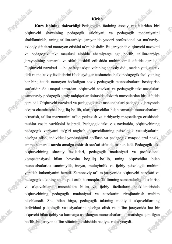 berishda muvozanatni, adolatni va insoniylik tamoyillarini saqlashga imkon yaratadi. o‘qituvchi nazokati va pedagogik takt pedagogik madaniyatning ajralmas qismi sifatida, o‘quvchilarning shaxsiy xususiyatlarini hisobga olgan holda individual yondashuvni tashkil etadi. pedagogik takt, o‘z navbatida, o‘qituvchining pedagogik vaziyatni to‘g‘ri anglash, o‘quvchilarning psixologik va ijtimoiy xususiyatlarini hisobga olish hamda pedagogik maqsadlarni nozik, ammo samarali tarzda amalga oshirish san’ati sifatida tushuniladi. u o‘quvchilarning qiziqishini uyg‘otish, motivatsiyasini oshirish va ijobiy xulq-atvorni shakllantirishga xizmat qiladi. pedagogik taktni qo‘llashda o‘qituvchi har bir o‘quvchi bilan ijobiy va hurmatga asoslangan munosabat o‘rnatadi, shuningdek, dars muhitini ijobiy psixologik muhitga aylantiradi. tarixiy pedagogik manbalarda pedagogik takt va o‘qituvchi nazokati masalalari keng yoritilgan. beruniy, mahmud qoshg‘ariy, abu nasr forobiy kabi olimlar pedagogik jarayonda o‘qituvchining shaxsiy fazilatlari va nozik pedagogik yondashuvning ahamiyatini alohida ta’kidlaganlar. ularning fikrlariga ko‘ra, o‘quv jarayonida o‘qituvchi tomonidan qo‘llaniladigan muloyimlik, inoyat va samimiy yondashuv o‘quvchilarning bilim va axloqiy fazilatlarini shakllantirishda asosiy omil sifatida xizmat qiladi. zamonaviy pedagogik tadqiqotlar ham shuni …
