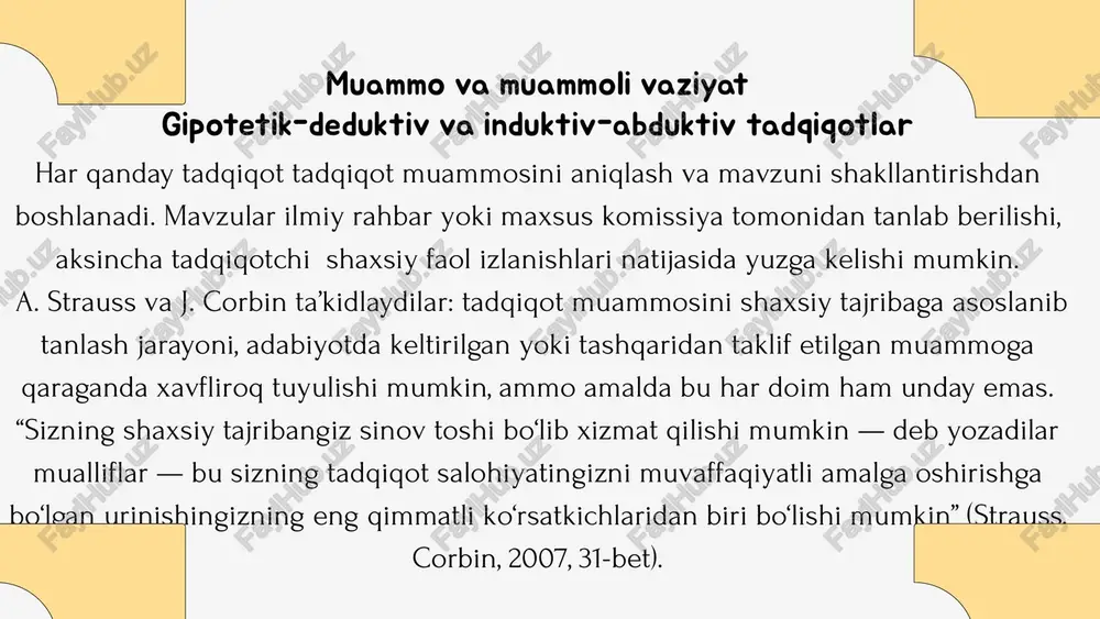 alarning interpretatsiyasi interpretatsiya — bu tushunchaning mazmunini nazariy jihatdan ochib berish, uni ilmiy kontekstda aniqlashtirish demakdir. tadqiqotda ishlatilayotgan har bir tushuncha (masalan, motivatsiya, stress, o‘z-o‘ziga munosabat) turli nazariy maktablarda turlicha talqin qilinishi mumkin. shu sababli: tadqiqotchi o‘z ishlanmasida qaysi nazariy yondashuvga asoslanayotganini ko‘rsatishi kerak. tushunchaning aniq, kontekstga mos ta’rifi berilishi zarur. bu ta’rif tadqiqot savollari, gipotezalar va metod tanloviga bevosita ta’sir qiladi. misol: “perfektsionizm” tushunchasi ba’zi nazariyalarda ijobiy sifat (intilish), boshqalarida esa salbiy (muqarrar qoniqmaslik) sifatida talqin qilinadi. tadqiqotchi aynan qaysi nuqtai nazardan foydalanayotganini ko‘rsatishi kerak. tushunchalarning operatsionallashtirilishi operatsionallashtirish — bu nazariy tushunchani empirik o‘lchash mumkin bo‘lgan shaklga aylantirish jarayoni. ya’ni, tushuncha qanday ko‘rsatkichlar, testlar, savollar yoki kuzatuvlar orqali o‘lchanadi? bu bosqichda tushunchaning amaliy ifodasi aniqlanadi. tadqiqotchi tushunchani qanday metodlar yordamida o‘lchashini belgilaydi. operatsion ta’riflar standartlashtirilgan metodikalar yoki avtorlik indikatorlari orqali berilishi mumkin. misol: “stress” tushunchasi operatsionlashtirilganda, u masalan, kortisol darajasi, so‘rovnoma ballari, yoki xulqdagi o‘zgarishlar orqali o‘lchanadi. 3. eksperiment …