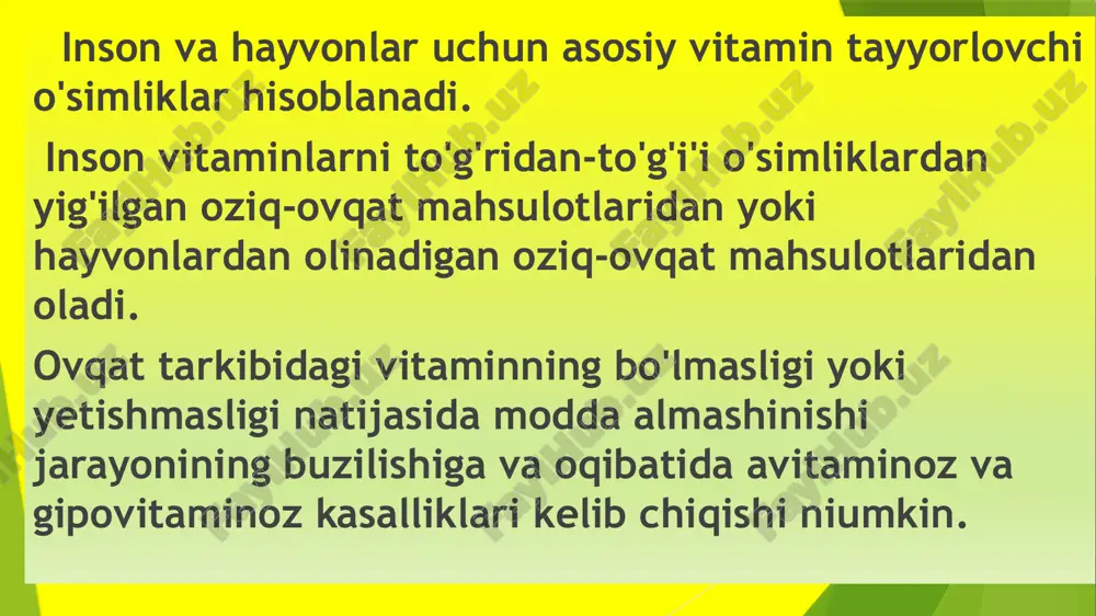 i aniq bo'lib qoldi. ana shu ovqat mahsulotlarining tarkibida yetishmaydigan moddani 1880-yilda rus olimi n.i. lunin eksperiment orqali ko'rsatib berdi. polyak olimi k.funk esa unga "vitamin"lar, ya’ni "hayot aminlari" deb nom berdi. vitaminlar — bular organizmning hayotiy faoliyati, ko'payishi, o'sishi uchun kerakli, kimyoviy tarkibi jihatidan har xil past molekulali moddalar guruhidir. vitaminlar — bular organizmning hayotiy faoliyati, ko'payishi, o'sishi uchun kerakli, kimyoviy tarkibi jihatidan har xil past molekulali moddalar guruhidir. vitaminlar uchun xarakterli belgilar quyidagilar: — vitaminlar odam organizmida sintezlanmaydi, shuning uchun ular ovqatlar bilan organizmga tushishi kerak. ayrimlari (b6, b12, pantoten va folein kislotasi) ichak mikroflorasi yordamida sintezlanadi, boshqalari organizmda (masalan, nikotin kislota triptofandan) sintezlanadi. organizmda vitaminlar yetishmasligidan kelib chiqadigan kasalliklar . avitaminoz yoki gipovitaminoz − umuman olganda juda keng tarqalgan muammo bo‘lib, ayniqsa, kuz faslida vitamin yetishmasligi har qachongidan ham ko‘ra ko‘proq dolzarb bo‘lib qoladi. vitamin yetishmasligi atrof-muhit omillari ta’siri, organizm uchun zarur bo‘lgan vitaminlar kamligi, noto‘g‘ri ovqatlanish …