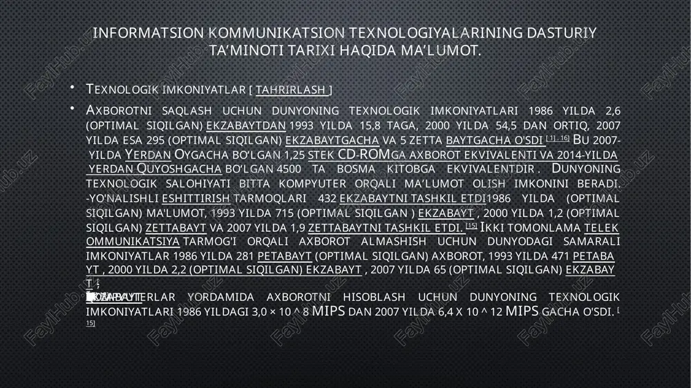 tiboriga shunday dasturlartavsiya etilmoqdaki (masalan, "elektron suhbatdosh”), ularni yuqoridagi hususiyatlar bo’yichaajratish mushkul.operatsion sistema tushunchasikompyuterdan foydalanuvchilar o‘z masalalarini to‘liq hal qilishlari uchunkompyuterdan ko‘proq imkoniyat talab qiladilar va bu muammoni hal qilish uchun, odatda, turlidasturlar yoki ularning majmuasidan foydalanadilar. har qanday kompyuter o‘zidan-o‘zi ishholatiga kelmaydi. uni ish holatiga keltirish va qurilmalarni boshqarish uchun maxsus dasturiyta’minot yoki, boshqacha qilib ayitganda, operatsion sistema lozim.demak, kompyuter ishga tushurilgach, uning qurilmalari bilan bir vaqtda maxsus dasturishga tushadi. mazkur dastur foydalanuvchi bilan kompyuter o‘rtasidagi muloqotni ta’minlaydi.shuningdek, operatsion sistema kompyuterning barcha qurilmalarini boshqarish imkonini beradi.shuni aytib o‘tish lozimki, kompyuterlarning texnik holatiga ko‘ra, ulardagi operatsionsistemalar turlicha bo‘ladi, ammo ularning asosiy vazifasi yagonadir. bu - ichki va tashqiqurilmalarning birgalikda mutanosib ishlashini ta’minlashdan iborat informatsion kommunikatsion texnologiyalar dasturiy ta’minoti dasturiy ta'minotni ishlab chiqish - bu kompyuter dasturlarini ishlab chiquvchi mutaxassislarni birlashtiradigan soha. ba'zilar kompyuter yoki kompyuter boshqariladigan qurilmada vazifalarni boshqaradigan ilovalarni ishlab chiqadi, boshqalari esa tarmoqlar yoki kengroq ilovalarni boshqaradigan asosiy …