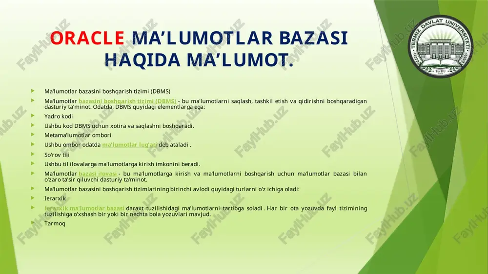 a'lumotlar bazasi namunasi misol - bu ma'lumotlar bazasi fayllarini boshqaradigan xotira tuzilmalari to'plami. misol tizim global maydoni (sga) deb ataladigan umumiy xotira maydoni va fon jarayonlari to'plamidan iborat . namuna ma'lumotlar bazasi fayllaridan mustaqil ravishda mavjud bo'lishi mumkin. 1-1- rasmda ma'lumotlar bazasi va uning namunasi ko'rsatilgan. har bir foydalanuvchining misolga ulanishi uchun dastur mijoz jarayoni tomonidan boshqariladi . har bir mijoz jarayoni o'z server jarayoni bilan bog'langan. server jarayoni global dastur maydoni (pga) deb nomlanuvchi shaxsiy seans xotirasiga ega . shakl 1-1 oracle instance va database oracle ma’lumotlar bazasini boshqarish tizimlari haqida. ma'lumotlar bazasini saqlash tuzilmalari relyatsion ma'lumotlar bazasining muhim vazifasi ma'lumotlarni saqlashdir. ushbu bo'lim oracle database tomonidan qo'llaniladigan jismoniy va mantiqiy saqlash tuzilmalarini qisqacha tavsiflaydi. jismoniy saqlash tuzilmalari jismoniy ma'lumotlar bazasi tuzilmalari ma'lumotlarni saqlaydigan fayllardir. sql buyrug'ini bajarganingizda create databasequyidagi fayllar yaratiladi: ma'lumotlar fayllari har bir oracle ma'lumotlar bazasida barcha ma'lumotlar bazasi ma'lumotlarini o'z ichiga olgan bir yoki bir …
