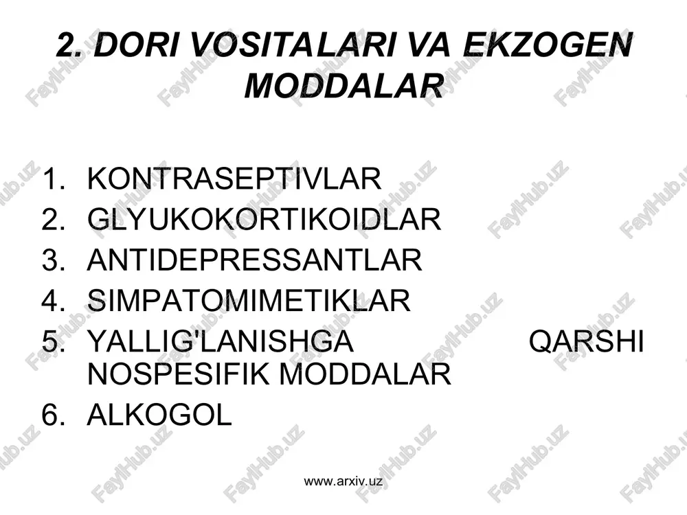 o'smasi: bezdan ko'p miqdorda glyukokortikoid (11 oks) ajraladi. ad oshishi, semirish, uyquchanlik. qonda – giperglikemiya, 11-oks ko'payadi. www.arxiv.uz www.arxiv.uz d) tireotoksikoz - tiroksin, triyodtironin ko'p ajraladi. qalqonsimon bez kattalashadi ko'z alomatlari – oftalmopatiya – ekzoftalm taxikardiya, ad - sistolik bosim bir oz ko'tariladi, asosiy modda almashinuvi kuchayadi. www.arxiv.uz www.arxiv.uz tireotoksikoz www.arxiv.uz www.arxiv.uz davosi etiologik davo – anatomik o’zgarishlar natijasida vujudga keladigan sagda (aorta koarktasiyasi, feoxromositoma, adenoma, buyrak arteriyasi torayishi) jarroxlik usullari qo’llaniladi simptomatik davolashda konservativ usullar qo’llaniladi. gipotenziv vositalar, vazodilatator, diuretiklar beriladi. www.arxiv.uz www.arxiv.uz bosqichma bosqich davo 1 bosqich tana vaznini kamaytirish alkogol iste'molini to’xtatish regulyar aerob mashqlar osh tuzi iste'molini kamaytirish kaliy, kalsiy, magniyni yetarlicha iste'mol qilish chekish va yog’li mahsulotlarni cheklash www.arxiv.uz www.arxiv.uz 2 -bosqich (agar ab 140/90 mm.sim.ust kamaymasa) medikamentoz davo - yondosh kasalliklarni bartaraf etish uchun, agar yondosh kasalliklar bo’lmasa – diuretiklar yoki beta-blokatorlarni tavsiya qilinadi. www.arxiv.uz www.arxiv.uz 3 - bosqich (agar ab 140/90 mm.sim.ust kamaymasa) …