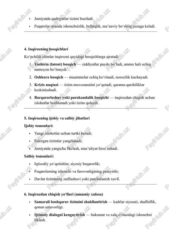 ining yo‘qolishi) bo‘lishi mumkin. 2. davlat boshqaruvida inqirozning paydo bo‘lish omillari davlat boshqaruvida inqirozlar ko‘pincha bir nechta omillar yig‘indisi natijasida vujudga keladi. ularni ichki (sub’yektiv) va tashqi (obyektiv) omillarga ajratish mumkin. a. ichki omillar (sub’yektiv, inson omiliga bog‘liq) 1. rahbarlikdagi xatolar va noto‘g‘ri qarorlar · yetakchilar tomonidan real ijtimoiy-iqtisodiy holatni noto‘g‘ri baholash; · qarorlar qabul qilishda muvozanat va tahlil yetishmasligi; · avtoritar uslubdagi boshqaruv natijasida jamiyat bilan aloqa uzilishi. 2. byurokratik sustkashlik va korrupsiya · davlat apparatida manfaatparastlik, nepotizm, vaqtdan yutishga intilish. · fuqarolarning ishonchini yo‘qotish va davlat xizmatlarining samarasizligi. 3. institutsional zaiflik · kuchlar taqsimoti tamoyilining buzilishi; · qonun ustuvorligining pasayishi; · sud, parlament yoki nazorat organlarining mustaqillik yo‘qotishi. 4. inson faktori — kadrlar siyosatining noto‘g‘rilig‘i · professional kadrlar yetishmasligi; · lavozimga sadoqat asosida tayinlanish; · tizimda ijodkorlik va mas’uliyatning pasayishi. 5. axborot va kommunikatsiya yetishmasligi · hukumatning fuqarolar bilan muloqoti sustlashganda, mish-mishlar, noroziliklar kuchayadi. · axborot siyosatining yopiq …