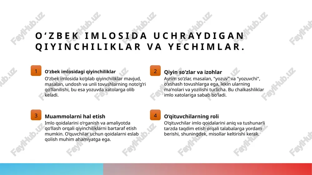 xususiyatlariga asoslangan holda, yozuv va talaffuzda to‘g‘ri ko‘rsatmalar beradi, muhim ahamiyatga ega. 2 o‘rganish jarayonining o‘ziga - imlo qoidalarini o‘rganish jarayoni talabalarni yozuv va o‘qish qobiliyatlarini rivojlantirishga yordam beradi, bu esa tilni mukammal o‘zlashtirish imkonini yaratadi. 3 madaniyat va yozuv aloqasi - o‘zbek tilidagi imlo qoidalari madaniy merosni saqlash va avlodlarga yetkazishda muhim rol o‘ynaydi, bu esa tilning rivojlanishiga ta'sir ko‘rsatadi. foydalanilgan adabiyotlar 1. xolmatova, s. o‘. o‘zbek tilining imlo qoidalari. o‘zbekiston respublikasi oliy va o‘rta maxsus ta'lim vazirligi, 2021. 2. jalilov, b. d. o‘zbek tilidagi grafika va yozuv tizimi. o‘zbekiston milliy universiteti, 2022. 3. turg‘unov, a. o‘zbek tilining madaniyat va til o‘rganish jarayonlaridagi o‘rni. o‘zbekiston fanlar akademiyasi, 2020. 4. murodov, i. o‘zbek tilidagi imlo qoidalarining zamonaviy talqini. o‘zbekiston respublikasi davlat til komiteti, 2023. 5. saidov, a. o‘zbek tilining grafika tizimi va uning o‘zgarishlari. o‘zbekiston respublikasi ta'lim vazirligi, 2021. e'tiboringiz uchun rahmat!