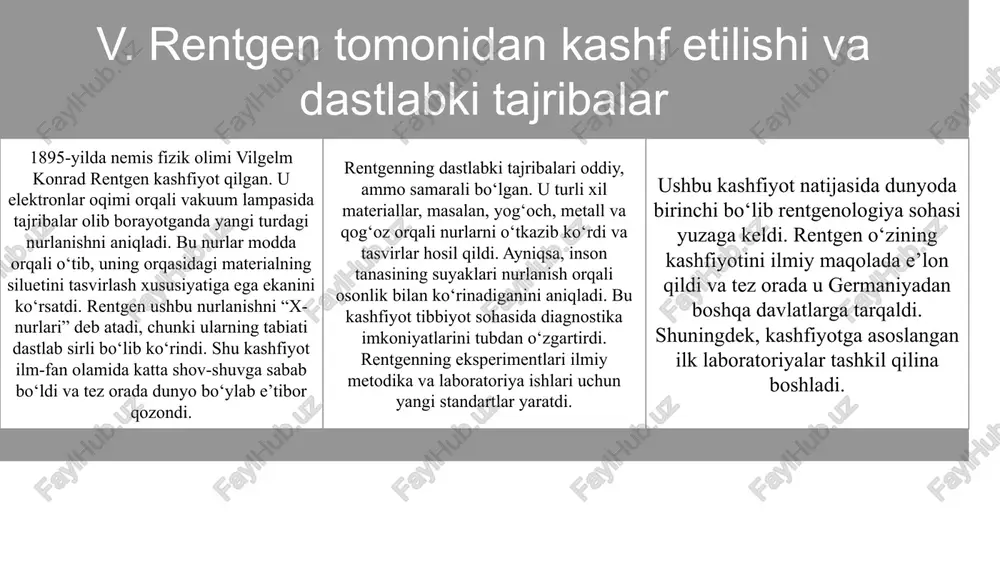 hirdi. rentgen tibbiy diagnostikada tezkor va zararli bo‘lmagan metod sifatida bemorlar uchun katta ahamiyatga ega. shu bilan birga, u kasalliklarni erta bosqichda aniqlash va davolashni osonlashtiradi. sanoatda (metallar va konstruktsiyalarni tekshirish) rentgen nurlari sanoat sohasida ham keng qo‘llaniladi. ular yordamida metall va konstruktsiyalarning ichki tuzilishini tekshirish mumkin. masalan, metall buyumlarda paydo bo‘lgan mikroçatishlar yoki nuqsonlarni aniqlash uchun rentgen usuli ishlatiladi. bu usul qurilish, aviatexnika va avtomobilsozlik kabi sohalarda sifat nazoratini oshirishda muhim ahamiyatga ega. shuningdek, rentgen yordamida mahsulotlarning ichki qismidagi nuqsonlarni aniqlash imkoniyati mavjud bo‘lib, bu ishlab chiqarish jarayonida xavfsizlik va sifatni ta’minlashga xizmat qiladi. sanoat sohasida rentgen nurlari foydali vosita bo‘lib, texnologik jarayonlarning samaradorligini oshiradi. ilmiy tadqiqotlarda (kristallografiya, materialshunoslik) rentgen nurlanishi ilmiy tadqiqotlarda, xususan, kristallografiya va materialshunoslikda muhim vosita hisoblanadi. ular yordamida kristallar va moddalar tuzilishi aniqlanadi, molekulalarning joylashuvi va materiallarning xossalari o‘rganiladi. masalan, rentgen diffraktsiyasi usuli atom va molekulalar darajasidagi tuzilishni tahlil qilish imkonini beradi. shuningdek, materialshunoslikda rentgen …