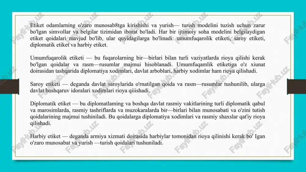 arni yuzga yarashadigan ma'lum bir shakl beri]gan bo' lishi lozim. soch va soqol - mo'ylavlar doimo parvarish qilinishi kerak: muntazam ravishda boshni yuvish, soch, soqol va mo'ylovlarni ka]ta kesib, shaklini tekislab yurish kerak. bundan tashqari soqol - mo'ylovlarni oiishda hidi uncha baland bo' imagan odekalonlardan foydaianish tavsiya etiladi yevropa biznes—etiket qoidalariga ko'ra ayollarning sochlari yelkasigacha tushgan yoki undan kaltaroq qilib kesiigan, uzun ham bo'lishi mumkin, sochni kesmaslik sharqona qoidalatga ham to' g'ri keladi. ayollar sochining parvarishiga qo'yiladigan asosiy talablardan biri uni muntazam ravishda yuvib turishi va jilo berishi hisoblanadi, yani ayoilarning sochi doimo tov\anib turishi lozim. albatta, sochning tabiiy rangini saqlashga harakat qilish kerak. agar sochni boshqa rangga bo'yash zarur bo'lsa, rang faqat husnga husn qo'shadigan bo'lishi maqsadga muvofiqdir. bunda soch ham butkul bir xil rangga bo'yalishi kerak. har xil ranglarga bo'yalgan soch sohibasiga jiddiy qarashmaydi yevropa biznes-etiket qoidalariga ko'ra, ayollar garderobida quyidagi ish kiyim turlari bo'lishi tavsiya etiladi: - …
