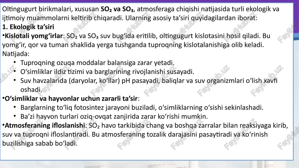 tmosferadan chiqarishni o‘z ichiga oladi. masalan, kalsiy gidroksid bilan reaksiyada kalsiy sulfit hosil bo‘ladi, shuningdek, so₂ ni so₃ ga oksidlab, keyinchalik suv bilan reaksiyaga kiritish orqali oltingugurt kislotasi hosil qilinadi. kimyoviy usullar yuqori konsentratsiyadagi chiqindilarni samarali tozalash imkonini beradi. biologik usullar esa mikroorganizmlar yordamida oltingugurt birikmalarini xavfsiz birikmalarga aylantirish orqali ekologik jihatdan xavfsiz usul hisoblanadi. sanoat va transport sohasida esa elektrostatisks filtrlash, smok gas tozalash tizimlari, desulfurizatsiya texnologiyalari va transport vositalarida katalitik konvertorlar yordamida oltingugurt chiqindilarini kamaytirish keng qo‘llaniladi. ushbu usullarni birlashtirish orqali atmosferani toza saqlash va ekologik xavfsizlikni ta’minlash mumkin. image2.jpg image3.jpeg image4.jpg image5.jpeg image6.jpeg image1.jpg
