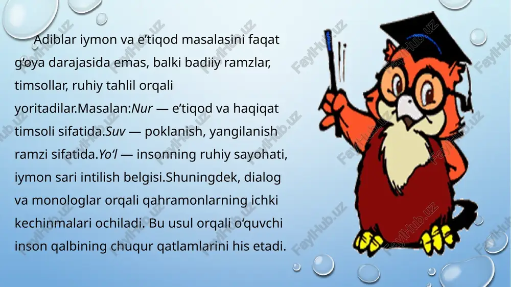 , dehqon, shifokor obrazlari orqali axloqiy qahramonlikni tasvirlaydilar. bunday asarlar o‘quvchini o‘z hayotiga, o‘z yurish-turishiga axloqiy mezon bilan qarashga undaydi. istiqlol davri hikoyachiligi o‘zbek adabiyotida insonparvarlik, axloqiylik va ijtimoiy mas’uliyat g‘oyalarini kuchaytirdi. adabiyot endi nafaqat voqealarni hikoya qiladi, balki insonni o‘z vijdoniga, o‘z iymoniga qaytaradi. yozuvchilar jamiyatdagi muammolarga befarq qaray olmaydilar — ular har bir qahramon taqdiri orqali xalq ruhiyatidagi og‘riqli nuqtalarni ochib beradilar.natijada, istiqlol davri hikoyachiligi o‘zbek adabiyotini yangicha ma’naviy bosqichga olib chiqdi. unda axloq — insonni inson qiluvchi eng oliy fazilat, jamiyatning ma’naviy tayanchi sifatida talqin etildi. shu jihatdan, ijtimoiy va axloqiy masalalar bugungi o‘zbek adabiyotining eng barqaror va doimiy mavzularidan biri bo‘lib qolmoqda. hozirgi o‘zbek hikoyasida kompozitsiya poetikasi hozirgi o‘zbek hikoyachiligi — mustaqillik davri adabiyotining eng faol va sermahsul janrlaridan biridir. bu davr hikoyalarida inson ruhiyati, ijtimoiy o‘zgarishlar, milliy qadriyatlar va zamonaviy hayotning murakkabligi poetik jihatdan yangicha yondashuvlar bilan ifodalanmoqda. shu jarayonda kompozitsiya poetikasi – ya’ni hikoya …