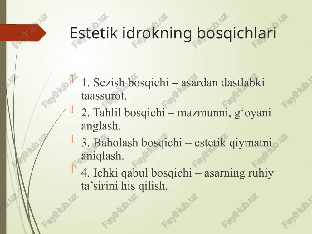 etaklaydi. san’at va adabiyot insonni estetik idrok orqali komillikka yo‘naltiradi. demak, estetik idrok – bu go‘zallikni his etish, uni anglash va unga xizmat qilish san’atidir. foydalanilgan adabiyotlar yo‘ldoshev q. “adabiyot nazariyasi asoslari.” nazarov b. “estetika va badiiy idrok masalalari.” g‘aniyev a. “adabiyotshunoslikka kirish.” internet manbalari image1.png image2.jpg image3.png image4.png image5.jpg image6.jpg image7.jpg /docprops/thumbnail.jpeg