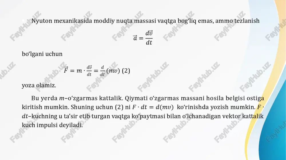 iya-kuch ta’sirida harakatlanayotgan jismning energiyasidir. kinetik energiyani o‘zgarishi bilan jismni tezligini dan gacha o‘zgartuvchi kuchning ishi orasidagi bog‘lanishni topaylik. integrallasak bu yerda jismni kinetik energiyasining matematik ifodasidir. demak, bo‘lib natijali kuchning ishi jismning kinetik energiyasini o‘zgarishiga teng bo‘ladi: (1) kinetik energiya ifodasini impuls orqali ko‘rinishida ham yozish mumkin. demak, mutanosiblik o‘rinli bo‘ladi. jismni kinetik energiyasi jism to‘la to‘xtaguncha bajargan ishiga teng: b) o‘zaro ta’sirlashuvchi jismlarning yoki bir jism qismlarining joylanishlariga bog‘liq bo‘lgan energiya potensial energiya deyiladi. potensial energiya kuch maydonlarini mavjudligi bilan uzviy bog‘langandir. demak, potensial energiyani juda aniq hisoblash mumkin, shuning uchun har bir konkret xolda sistemani eng kam potensial energiyali (xattoki ) xolati tanlab olinadi va bunga nisbatan boshqa ikkinchi xolatdagi potensial energiya hisoblanadi. demak, potensial energiya sistemani aniq bir rolatdan ikkinchi (masalan, nolinchi) xolatga utishida konservativ kuchlarning bajargan ishiga tengdir. masalan: m massali jism yerda h ga ko‘tarilsa, bo‘ladi. potensial energiyani hisoblashni universal formulasi yo‘q. har bir …