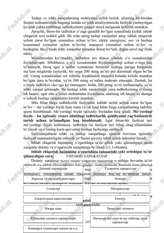 esurslardan foydalanishi bilan bog‘liq xarajatlar ichki xarajatlar deyiladi. bunday xarajatlar pul to‘lovlari shaklida chiqmaydi. shu sababli ichki xarajatlar darajasini baholash o‘z resurslari qiymatini shunga o‘xshash resurslarning bozordagi narxlariga taqqoslash orqali amalga oshiriladi. tashqi va ichki xarajatlarning mohiyatini ochib berish, ularning bir-biridan farqini tushuntirishda bugungi kunda xo‘jalik amaliyotimizda faoliyat yuritayotgan ko‘plab yakka tartibdagi tadbirkorlarni yaqqol misol tariqasida keltirish mumkin. aytaylik, biron-bir tadbirkor o‘ziga qarashli bo‘lgan xonadonda kichik ishlab chiqarish sexi tashkil qildi. bu erda uning tashqi xarajatlari aniq: ishlab chiqarish uchun zarur bo‘lgan xomashyo uchun to‘lov, elektr energiyasi, suv va boshqa kommunal xizmatlar uchun to‘lovlar, transport xizmatlari uchun to‘lov va boshqalar. bu o‘rinda ichki xarajatlar nimadan iborat bo‘ladi, degan savol tug‘ilishi tabiiy. misolimizdan ko‘rinadiki, tadbirkor sex binosi sifatida o‘z xonadonidan foydalanyapti. shubhasiz, u o‘z xonadonidan foydalanganligi uchun o‘ziga haq to‘lamaydi, biroq agar u ushbu xonadonni biron-bir kishiga ijaraga berganida ma’lum miqdorda (aytaylik, bir oyga 200 ming so‘m) pul daromadi olgan bo‘lar …
