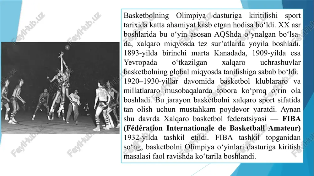 ing muvaffaqiyat siri — kuchli universitet tizimi, nba professional ligasining mavjudligi va murabbiylar tayyorlash maktabining yuqori darajasida edi. ammo 1972-yil myunxen olimpiadasi basketbol tarixida burilish yasadi. bu musobaqada sssr terma jamoasi aqshni so‘nggi soniyalarda mag‘lub etib, tarixiy g‘alabani qo‘lga kiritdi. uchrashuv yakunidagi hakam qarori va vaqt hisobidagi chalkashliklar sababli bu final sport tarixidagi eng ko‘p muhokama qilingan voqealardan biriga aylandi. shu g‘alaba yevropa basketbolining kuchayib borayotganini ko‘rsatdi. 1970–1980-yillar davomida yugoslaviya, italiya, ispaniya va sssr jamoalari o‘z o‘yin maktablarini shakllantirib, yangi yondashuvlarni joriy etishdi. bu yillarda texnik mahorat, taktik tafakkur va jamoaviy o‘yin uslubi yuqori baholandi. 1988-yil seul olimpiadasida sssr yana oltin medalni qo‘lga kiritdi, bu esa ularning xalqaro basketboldagi obro‘sini mustahkamladi. 1992-yil barselona olimpiadasi esa erkaklar basketbolining yangi davrini boshlab berdi. xalqaro olimpiya qo‘mitasi ilk bor professional o‘yinchilarga ishtirok etish huquqini berdi. natijada nba yulduzlaridan tashkil topgan mashhur “dream team” maydonga tushdi. maykl jordan, magic johnson, larry bird, karl malone, …