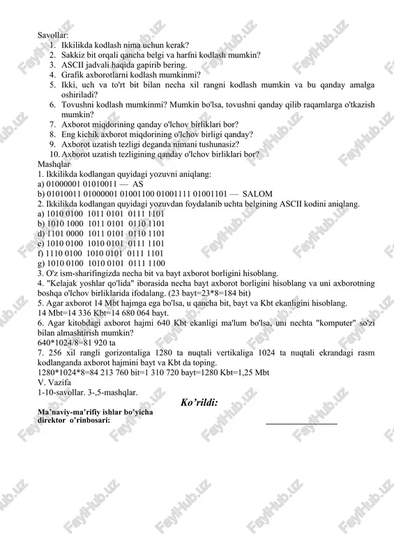 ifodalanadi. axborotning eng kichik o'lchov birligi sifatida bit qabul qilingan. bit axborotning raqamli ifodasidagi 0 yoki 1 belgisi bo'lib, ingliz tilidagi "binary digit" so'zlaridan olingan va ikkilik raqami" degan ma'noni anglatadi. masalan: 100101101 da 9 ta bit bor, chunki unda 9 ta raqam (0 va 1) ishtirok etmoqda. bitdan kattaroq o'lchov birligi sifatida bayt qabul qilingan: 1 bayt = 8 bit. masalan: 11011011 da 1 bayt axborot bor, chunki unda 8 ta bit (raqam) qatnashmoqda, 1011010100100011 da esa 2 bayt axborot bor, chunki unda 16 ta bit (raqam) qatnashmoqda. axborotda qatnashgan har qanday belgi 1 bayt hajtnli deb hisoblanadi. masalan, "b" harfi 1 bayt hajmga ega; "ma" esa 2 bayt hajmli; "mas" 3 bayt hajmli va h.k. baytdan katta o'lchov birligi ham mavjud. u kilobayt (kbt) deb nomlanadi va 210 baytga teng: 1 kbt = 210 bayt = 1024 bayt. kilobaytdan katta o'lchov birliklari ham qabul qilingan bo'lib, ular megabayt …