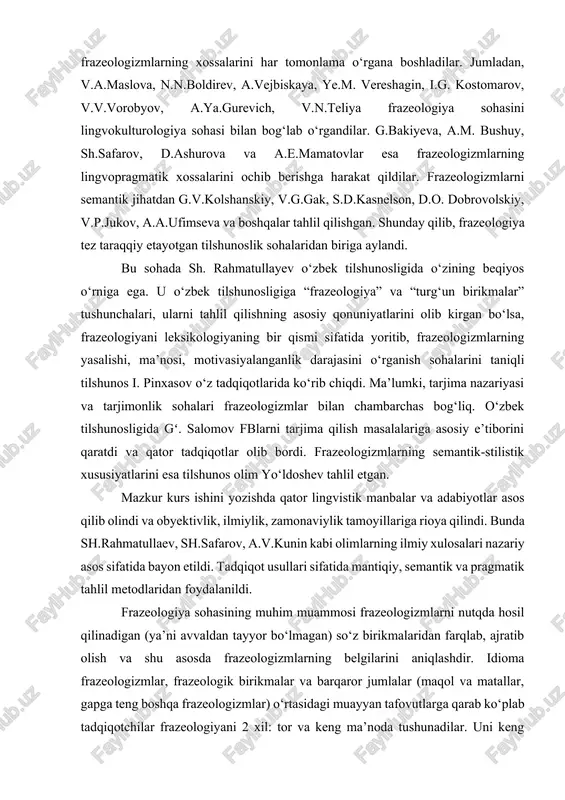 layev o‘zbek tilshunosligida o‘zining beqiyos o‘rniga ega. u o‘zbek tilshunosligiga “frazeologiya” va “turg‘un birikmalar” tushunchalari, ularni tahlil qilishning asosiy qonuniyatlarini olib kirgan bo‘lsa, frazeologiyani leksikologiyaning bir qismi sifatida yoritib, frazeologizmlarning yasalishi, ma’nosi, motivasiyalanganlik darajasini o‘rganish sohalarini taniqli tilshunos i. pinxasov o‘z tadqiqotlarida ko‘rib chiqdi. ma’lumki, tarjima nazariyasi va tarjimonlik sohalari frazeologizmlar bilan chambarchas bog‘liq. o‘zbek tilshunosligida gʻ. salomov fblarni tarjima qilish masalalariga asosiy e’tiborini qaratdi va qator tadqiqotlar olib bordi. frazeologizmlarning semantik-stilistik xususiyatlarini esa tilshunos olim yo‘ldoshev tahlil etgan. mazkur kurs ishini yozishda qator lingvistik manbalar va adabiyotlar asos qilib olindi va obyektivlik, ilmiylik, zamonaviylik tamoyillariga rioya qilindi. bunda sh.rahmatullaev, sh.safarov, a.v.kunin kabi olimlarning ilmiy xulosalari nazariy asos sifatida bayon etildi. tadqiqot usullari sifatida mantiqiy, semantik va pragmatik tahlil metodlaridan foydalanildi. frazeologiya sohasining muhim muammosi frazeologizmlarni nutqda hosil qilinadigan (ya’ni avvaldan tayyor bo‘lmagan) so‘z birikmalaridan farqlab, ajratib olish va shu asosda frazeologizmlarning belgilarini aniqlashdir. idioma frazeologizmlar, frazeologik birikmalar va barqaror …