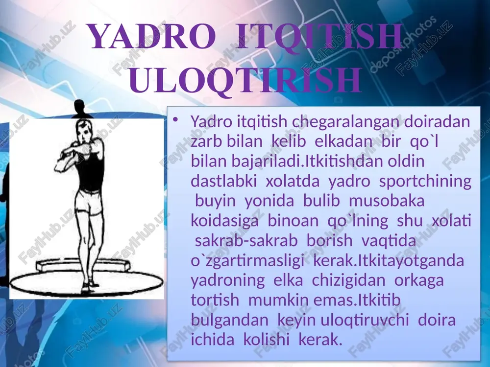 tirish, nayza uloqtirish, disk uloqtirish va bolg‘a uloqtirish) o‘ziga xos usullarini puxta egallash jarayoni yuqori natijaga erishishning asosi hisoblanadi. mashg‘ulotlarni o‘quvchilarning yosh va jismoniy imkoniyatlariga mos ravishda tashkil etish, xavfsizlik qoidalariga rioya qilish ham metodikaning muhim tarkibiy qismi sanaladi. umuman olganda, uloqtirish turlarini o‘rgatish metodikasi nafaqat texnik malakalarni, balki o‘quvchilarda sportga mehr, intizom va jamoada ishlash madaniyatini ham shakllantiradi. shu boisdan, bu yo‘nalishdagi mashg‘ulotlarni to‘g‘ri tashkil etish jismoniy tarbiya jarayonining samaradorligini oshiradi. foydalanilgan adabiyotlar karimov, a. yengil atletika nazariyasi va metodikasi. – toshkent: o‘qituvchi, 2018. jo‘rayev, b. jismoniy tarbiya va sport mashg‘ulotlarini tashkil etish metodikasi. – toshkent: fan, 2019. xolmurodov, m. yengil atletika turlari bo‘yicha o‘quv qo‘llanma. – toshkent: universitet nashriyoti, 2020. rahmonov, i. sport nazariyasi va metodikasi asoslari. – toshkent: o‘zbekiston milliy universiteti nashriyoti, 2021. norbo‘tayev, s. yengil atletika darslarini o‘qitish metodikasi. – toshkent: ilm ziyo, 2022. e’tiboringiz uchun rahmat !!! image2.jpeg image3.jpeg image4.jpeg image5.jpeg image6.jpeg image7.jpeg image8.jpeg image9.jpeg …