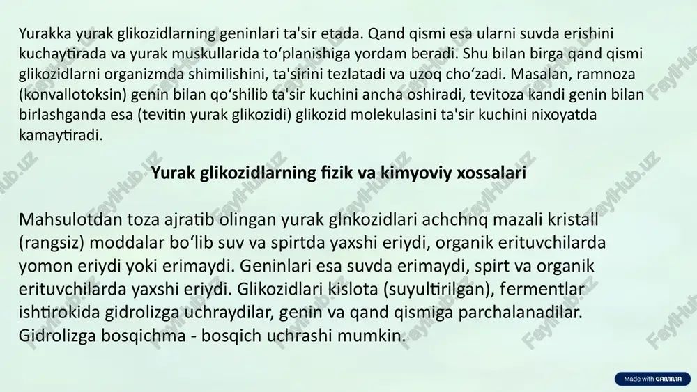 ayyorlangan preparatlar asosan yurak kasalliklarini yurak porogi, shu tufayli qon aylanishining ii va iii darajali buzilishi, yurak astmasi (kardioskleroz) va boshqalarni davolashda qo‘llanidadi. farmakokinetika: taʼsir davomiyligi va kumulyatsiya glikozidlarni taʼsir davomiyligiga qarab guruhlash: qisqa muddat — strofantin, konvallyatoksin o‘rtacha — digoksin, adonizid uzoq muddat — digitoksin, digoxin (kumulyativ xususiyat) qand qismi soʻrilish, taqsimlanish va buyrak bilan ajralishda rol oʻynaydi. 11 biologik tahlil va standartizatsiya davlat farmakopeyasi talabiga ko‘ra yurak glikozidlari tarkibi va faolligi biologik testlarda (mushuk, baqa, kaptar) o‘lchanadi. taʼsir kuchi — vallor btb (baqa), mtb (mushuk), ktb (kaptar) birliklarida ifodalanadi. grafik namunaviy — biologik standartizatsiya turli bioindikatorlarda farq qilishi mumkinligini ko‘rsatadi. 12 davlat farmakopeyasi talabiga ko'ra, yurak glikozidlari bo'lgan dorivor o'simliklar, ularning mahsulot va fitopreparatlarini biologik faolligi - ta'sir kuchini (biologik standartizatsiyasini) mushukda, baqada va kaptarda o'tkazilishi talab etiladi. natijada, 1 g (bir gramm) mahsulotning ta'sir kuchi - vallor aniqlanadi. vallor esa baqaga ta'sir birligi (btb yoki led), mushukka …