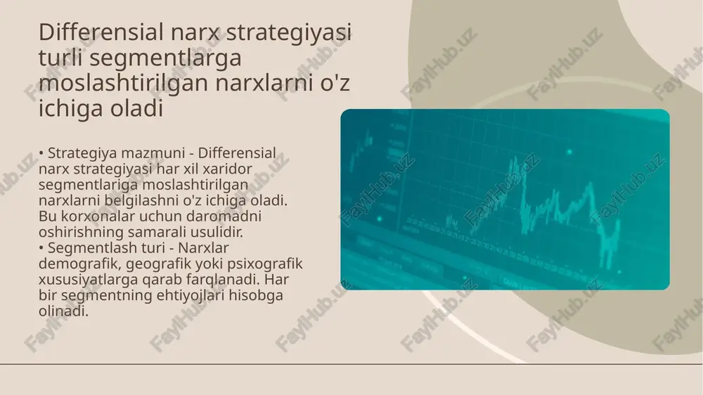 arx pasayishga moyil bo'ladi, chunki bozorda tovar ko'pligi sotuvchilarning raqobatiga olib keladi. taklif kamayishi narxni oshirishi mumkin. • bozordagi muvozanat - talab va taklif o'rtasidagi muvozanat narxni barqarorlashtiradi. muvozanat holatida narx iste'molchilar va sotuvchilar uchun maqbul bo'ladi. • narx o'zgarishi sabab va oqibatlari - narx o'zgarishi iqtisodiy omillar bilan bog'liq. u ishlab chiqaruvchilar va iste'molchilarning qarorlariga ta'sir ko'rsatadi, real bozor sharoitlarini aks ettiradi. dinamik narx strategiyasi real vaqt rejimida narxni o'zgartirishni talab qiladi • dinamik narx strategiyasining mohiyati - dinamik narx strategiyasi bozor sharoitlari, talab va taklifga asoslanib narxlarni moslashuvchan tarzda o'zgartiradi. ushbu strategiya orqali kompaniya daromadini maksimal darajaga ko'tarish imkoniyatiga ega bo'ladi. • real vaqt rejimida narxni aniqlash - texnologiya va analitika yordamida real vaqt rejimida narxlarni belgilash kompaniyalarga samarali ishlashni ta'minlaydi. bu jarayon yangi ma'lumotlarni tezkor tahlil qilishga asoslanadi. narxni aniqlashda mijozlarning to'lov qobiliyatini hisobga olish kerak • to'lov qobiliyatining iqtisodiy ahamiyati - to'lov qobiliyatini hisobga olish, mijozlarning …