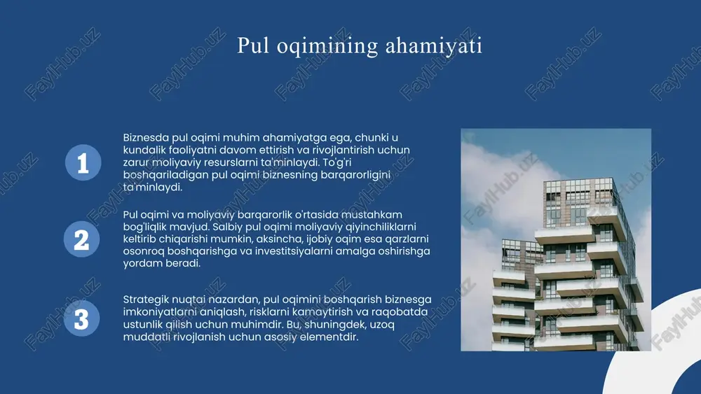 ini oshiradi. muammolar, masalan, nazoratning zaifligi yoki kutilmagan holatlar yuzaga kelishi mumkin. ularni hal qilish uchun nazorat tizimini mustahkamlash, xodimlarni o'qitish va nazorat madaniyatini rivojlantirish zarur. tahlil va baholash pul oqimini tahlil qilishning ahamiyati. tahlil qilishda foydalaniladigan asosiy ko'rsatkichlar va metodlar. tahlil natijalarini qanday qilib biznes strategiyasiga qo'shish mumkin. samarali boshqarish strategiyalari pul oqimini boshqarish uchun strategiyalarni ishlab chiqish muhim. buning uchun moliyaviy holat va bozor sharoitlarini tahlil qilish kerak. asosiy usullar: xarajatlarni nazorat qilish, daromadlarni oshirish va diversifikatsiya. strategiyani amalga oshirishda resurslarni to'g'ri taqsimlash, asosiy ko'rsatkichlarni monitoring qilish va risklarni boshqarish muhim. moliyaviy tahlil va prognoz metodlaridan foydalanish strategiyalarni baholash va takomillashtirishda yordam beradi. amaliy misollar va tavsiyalar amaliy misol: restoran egasi kutilmagan xarajatlarni aniqlash uchun pul oqimini tahlil qiladi. tavsiyalar: 1. kutilmagan xarajatlar uchun zahira fondi yaratish; 2. naqd pul kirim va chiqimini muntazam kuzatish; 3. daromad va xarajatlarni doimiy tahlil qilish; 4. investorlar va kreditorlar bilan samarali …
