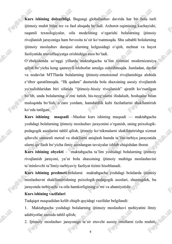 ondashuvi va muloqot madaniyatining ijtimoiy moslashuvdagi o‘rnini asoslash; 5. ota-ona va mtt o‘rtasidagi hamkorlikni tashkil etish mexanizmlarini tahlil qilish; 6. maktabgacha ta’lim amaliyotida qo‘llaniladigan ilg‘or tajribalarni umumlashtirish va ularni tahlil etish; 7. bolalarning ijtimoiy moslashuvini baholash mezonlarini ishlab chiqish hamda ularni aniqlash metodikasini taklif etis kurs ishining tuzilishi va hajmi: kirish qismi, ikki bob, reja, xulosa va foydalanilgan adabiyotlar ro‘yxatidan iborat. birinchi bobda maktabgacha yoshdagi bolalarning ijtimoiy moslashuvining nazariy jihatlari yoritilgan. ikkinchi bobda esa bolalarni tabiat bilan tanishtirishda qo‘llaniladigan metodlar, ularning tahlili hamda amaliy tavsiyalar keltirilgan. i. bob. maktabgacha yoshdagi bolalarning ijtimoiy moslashuvining nazariy asoslari 1.1. maktabgacha yoshdagi bolalarda ijtimoiy moslashuv tushunchasi va uning mohiyati maktabgacha yoshdagi bolalarda ijtimoiy moslashuv tushunchasi va uning mohiyati inson shaxsining shakllanishi jarayonida eng muhim bosqichlardan biri hisoblanadi. bola dunyoga kelgan paytdan boshlab o‘z atrofidagi insonlar, muhit, oila, jamiyat bilan o‘zaro ta’sirga kirishadi. shu ta’sirlar orqali u ijtimoiy qoidalarga, xulq-atvor me’yorlariga, madaniy qadriyatlarga moslashib boradi. …