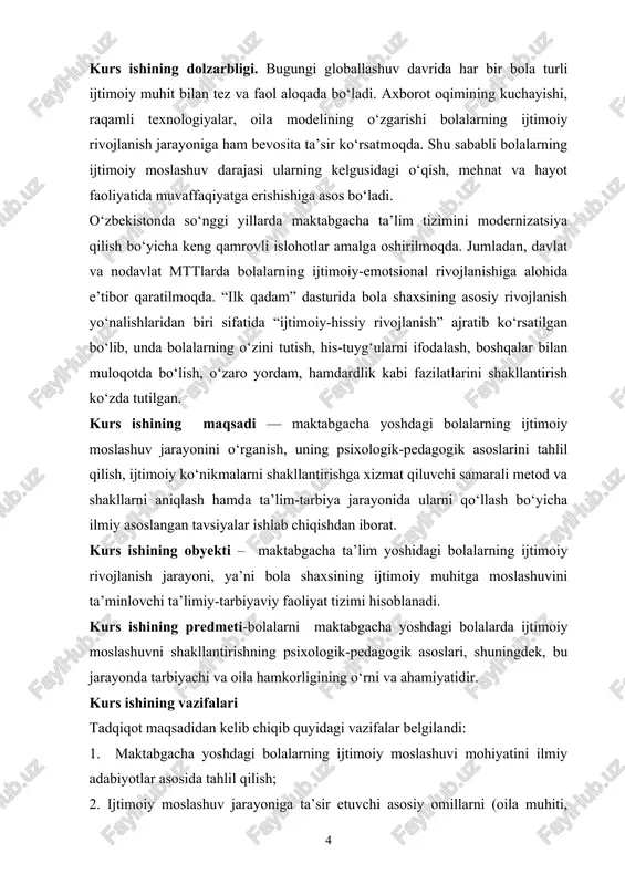 va muloqot madaniyatining ijtimoiy moslashuvdagi o‘rnini asoslash; 5. ota-ona va mtt o‘rtasidagi hamkorlikni tashkil etish mexanizmlarini tahlil qilish; 6. maktabgacha ta’lim amaliyotida qo‘llaniladigan ilg‘or tajribalarni umumlashtirish va ularni tahlil etish; 7. bolalarning ijtimoiy moslashuvini baholash mezonlarini ishlab chiqish hamda ularni aniqlash metodikasini taklif etis kurs ishining tuzilishi va hajmi: kirish qismi, ikki bob, reja, xulosa va foydalanilgan adabiyotlar ro‘yxatidan iborat. birinchi bobda maktabgacha yoshdagi bolalarning ijtimoiy moslashuvining nazariy jihatlari yoritilgan. ikkinchi bobda esa bolalarni tabiat bilan tanishtirishda qo‘llaniladigan metodlar, ularning tahlili hamda amaliy tavsiyalar keltirilgan. i. bob. maktabgacha yoshdagi bolalarning ijtimoiylashuv jarayonining nazariy asoslari 1.1. ijtimoiylashuv tushunchasi va uning mazmuni. ijtimoiy moslashuv — individning ijtimoiy muhitga doimiy faol moslashish jarayoni va bu jarayonning natijasi. ijtimoiy moslashuv uzluksiz xususiyatga ega ekanligiga qaramasdan, uni, odatda, individning oʻz faoliyatini va oʻzini oʻrab turgan ijtimoiy davrasini tubdan oʻzgartirish davrlari bilan bogʻlaydilar. moslashish jarayonining ijtimoiy muxitga faol taʼsir etish koʻrinishi va muhitdagi maqsad va qadriyatlarni …