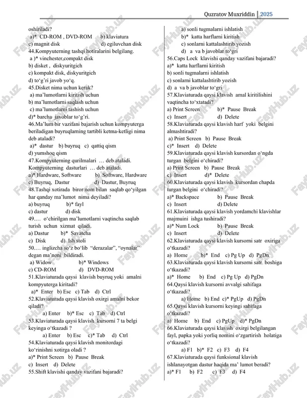 a) *sistema bloki b) klaviatura c) sichqoncha d) monitor 40. kompyuterning asosiy xususiyatini asosiy platada joylashgan … deb ataluvchi electron sxema belgilaydi. a)* protsessor b) klaviatura c) monitor d) diskovod 41. magnit diskning qanday turlari bor ? a) qattiq va yumshoq b)* qattiq va egiluvchan c) yumshoq va egiluvchan d) yumshoq va katta 42. diskyuritgich nima uchun xizmat qiladi? a) hujjatlarni chop etish uchun b)* disketa bilan ishlash uchun c) ma’lumotlarni xotiraga kiritish uchun d) b va c javoblar to‘g’ri 43. kompakt disklarga ma’lumot yozish va undagi ma’lumotni o‘qish qaysi qurilma yordamida amalga oshiriladi? a)* cd-rom , dvd-rom b) klaviatura c) magnit disk d) egiluvchan disk 44. kompyuterning tashqi hotiralarini belgilang. a )* vinchester,compakt disk b) disket , diskyuritgich c) kompakt disk, diskyuritgich d) to‘g’ri javob yo‘q. 45. disket nima uchun kerak? a) ma’lumotlarni kiritish uchun b) ma’lumotlarni saqlash uchun c) ma’lumotlarni tashish uchun d)* barcha javoblar to‘g’ri. 46. ma’lum …