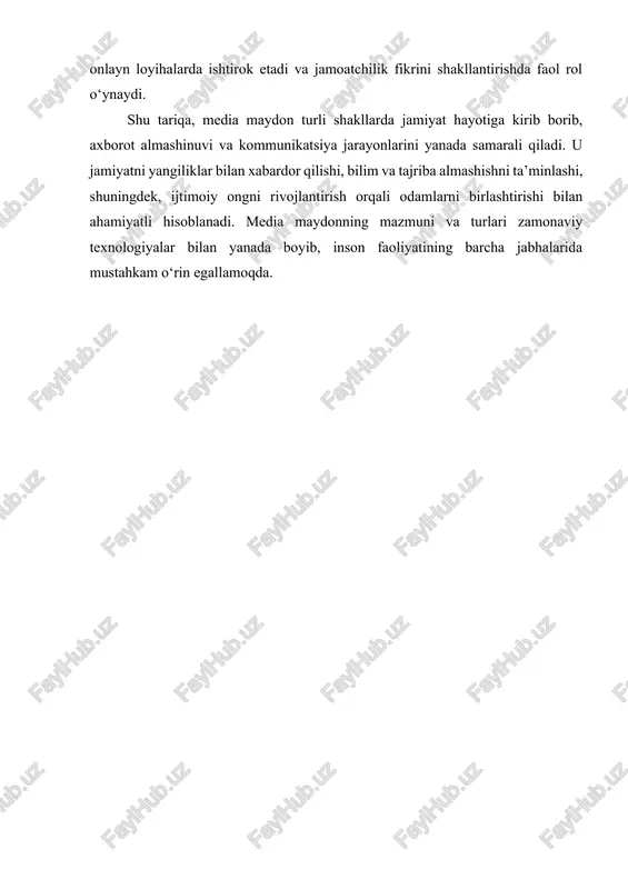 ng rivojlanishida muhim vositadir. elektron tijorat, onlayn banking, raqamli marketing va masofadan ishlash imkoniyatlari internet orqali amalga oshadi. bu ishbilarmonlik jarayonlarini tezlashtiradi, xarajatlarni kamaytiradi va bozor imkoniyatlarini kengaytiradi. shuningdek, internet ijtimoiy hayotda ham ahamiyatli rol o‘ynaydi. u ijtimoiy tarmoqlar va forumlar orqali odamlarni birlashtiradi, jamoatchilik fikrini shakllantirish, loyihalarda ishtirok etish va ijtimoiy faollikni oshirish imkonini beradi. shu tariqa, internet jamiyatning iqtisodiy rivojlanishi, ijtimoiy barqarorlik va fuqarolik faolligini ta’minlashda muhim vosita hisoblanadi. shu bilan, internet jamiyat hayotining barcha sohalarida — kommunikatsiya, ta’lim, iqtisodiyot va ijtimoiy faoliyatda markaziy o‘rin egallaydi. uning imkoniyatlaridan to‘g‘ri foydalanish jamiyat taraqqiyoti va inson salohiyatini oshirishda muhim ahamiyatga ega. jamoat va tijorat tuzilmalari uchun internetdan foydalanish imkoniyati oshgan sari provayderlar (internet bilan aloqa oʻrnatishga xizmat koʻrsatadigan kompaniyalar), internet informatsiyasi isteʼmolchilari soni ham koʻpaymoqda, informatsiya manbai va ommaviy axborot vositasi sifatida internet ommalashmoqda. bularning barchasi noshirlar, jurnalistlar, informatsiya agentliklari, i. ch. hamda savdo kompaniyalari va firmalari muhitida raqobatning shakllanishiga …