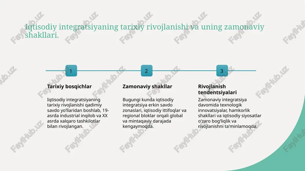 asida birgalikda iqtisodiy rivojlanishni ta'minlash uchun yaratilgan strukturalardir, ular iqtisodiy va siyosiy hamkorlikni kuchaytiradi. 3 rivojlanish yo’llari ittifoq va ittihodlar mamlakatlar uchun yangi bozorlar ochadi, texnologik almashuvni tezlashtiradi va umumiy iqtisodiy barqarorlikni ta'minlaydi. regional iqtisodiy bloklar va ularning rivojlanish yo’llari 01 hududiy bloklar va ularning turlari hududiy iqtisodiy bloklar, ya'ni mintaqaviy hamkorlik tashkilotlari, iqtisodiy integratsiyaning rivojlanishiga turtki bo‘lib, savdo, investitsiya va texnologik hamkorlikni kuchaytiradi. 02 rivojlanish yo‘llari bu bloklar rivojlanish uchun yangi bozorlar, texnologik transfer va iqtisodiy barqarorlikni ta'minlashga yordam beradi, shuningdek, mintaqaviy muammolarni hal qilish imkonini yaratadi. 03 mintaqaviy hamkorliklarning ahamiyati mintaqaviy iqtisodiy bloklar, davlatlar o‘rtasidagi siyosiy va iqtisodiy muvofiqlikni kuchaytirib, umumiy rivojlanish va raqobatbardoshlikni oshiradi. global va mintaqaviy iqtisodiy integratsiya o’rtasidagi farqlar va aloqalar keng tarqalganlik mintaqaviy bog'liqlik farqlar va aloqalar global iqtisodiy integratsiya butun dunyo bo'ylab iqtisodiy aloqalarni kengaytiradi, davlatlar o'rtasidagi savdo va moliyaviy hamkorlikni kuchaytiradi. mintaqaviy integratsiya faqat biror hudud ichida, ya'ni davlatlararo hamkorlik va iqtisodiy …