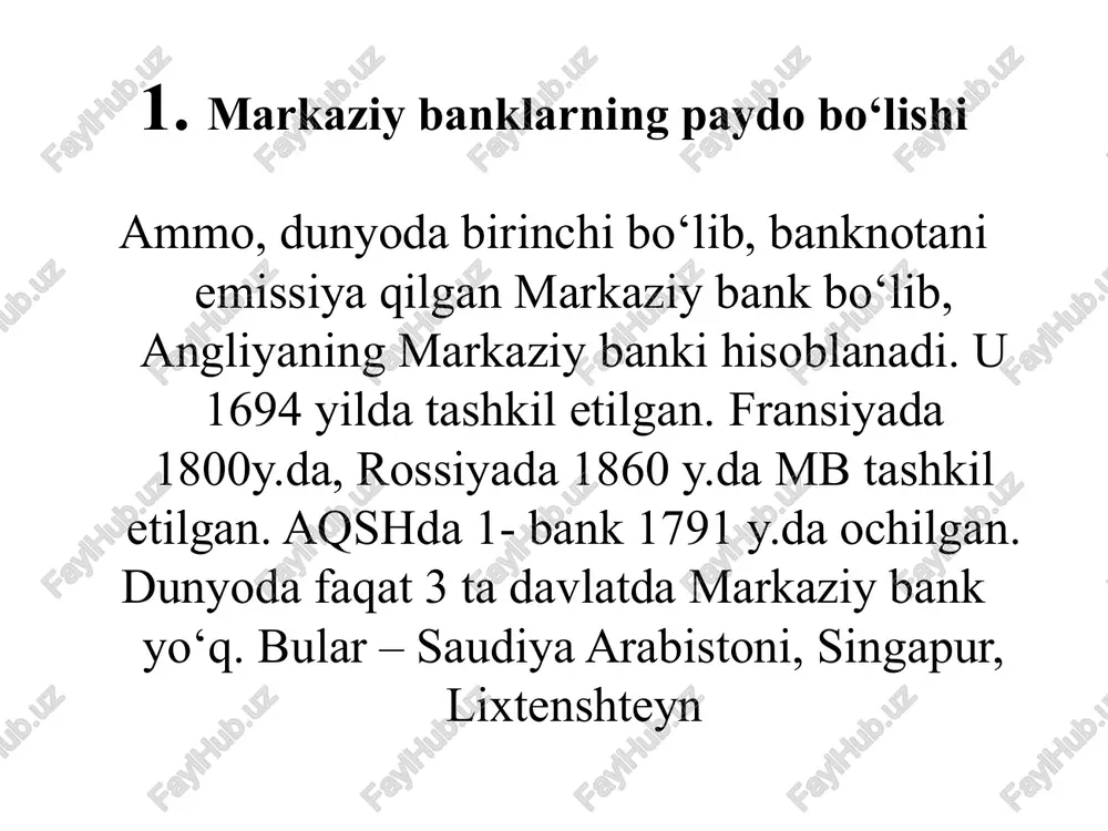i kerak. foyda olish markaziy bankning maqsadi hisoblanmaydi. markaziy bankning asosiy funktsiyalari quyidagilardan iborat iqtisodiyotni pul-kredit richagi yordamida boshqarish. xisob-kitob va pul o'tkazish operatsiyalarini bajarishni yo'lga qo'yish. tijorat banklari faoliyatini boshqarish va nazorat qilish. boshqa kredit muassasalari kassa zahiralarini saqlash. rasmiy oltin - valyuta zahiralarini saqlash. xukumat uchun hisob-kitob va kredit operatsiyalarini bajarish. tijorat banklariga kredit berish. pul emisiyasi. o'zbekiston respublikasi markaziy banki qo'yidagi funktsiyalarni bajaradi: iqtisodiyotni pul-kredit dastaklari yordamida boshqarish hisob-kitob va pul o'tkazish operatsiyalarini bajarishni yo'lga qo'yish pul emissiyasi tijorat banklari faoliyatini boshqarish va nazorat qilish hukumat uchun hisob-kitob va kredit operatsiyalarini bajarish boshqa kredit muassasalarining kassa zaxiralarini saqlash . rasmiy oltin-valyuta zaxiralarini saqlash tijorat banklariga kredit berish markaziy bank vazifalari: pul-kredit, valyuta siyosatini i.ch. va amalga oshiradi; inflyatsiya darajasini monitoring, tahlil va prognoz qiladi; o'z. r. to'lov balansini, tashqi qarzini statistikasini yurtadi; har yili davlat byudjeti loyihasini tayyorlashga doir axborotni taqdim etadi; naqd pul muomalasini tashkil etadi; …